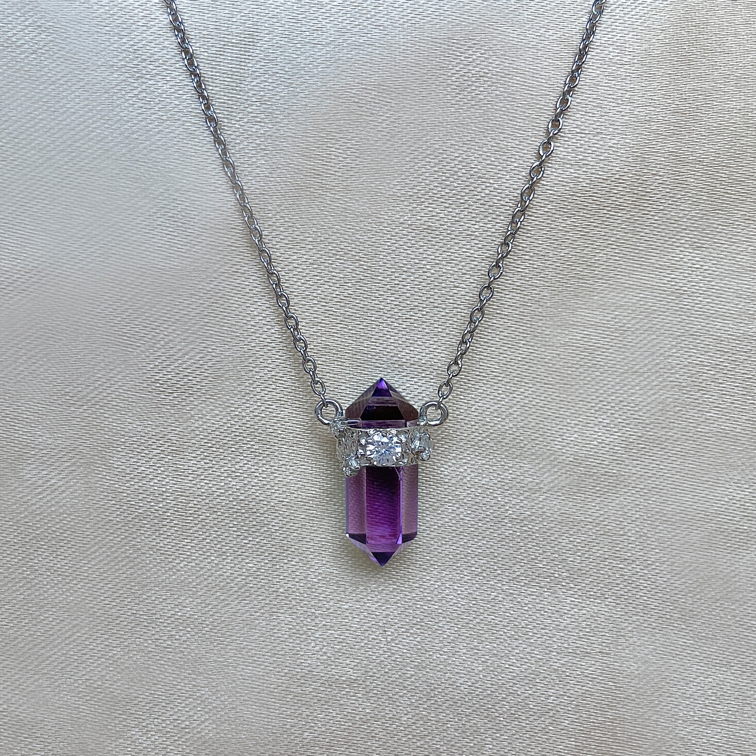 Amethyst & White Topaz Pencil Necklace-(AMT-SN-136.)