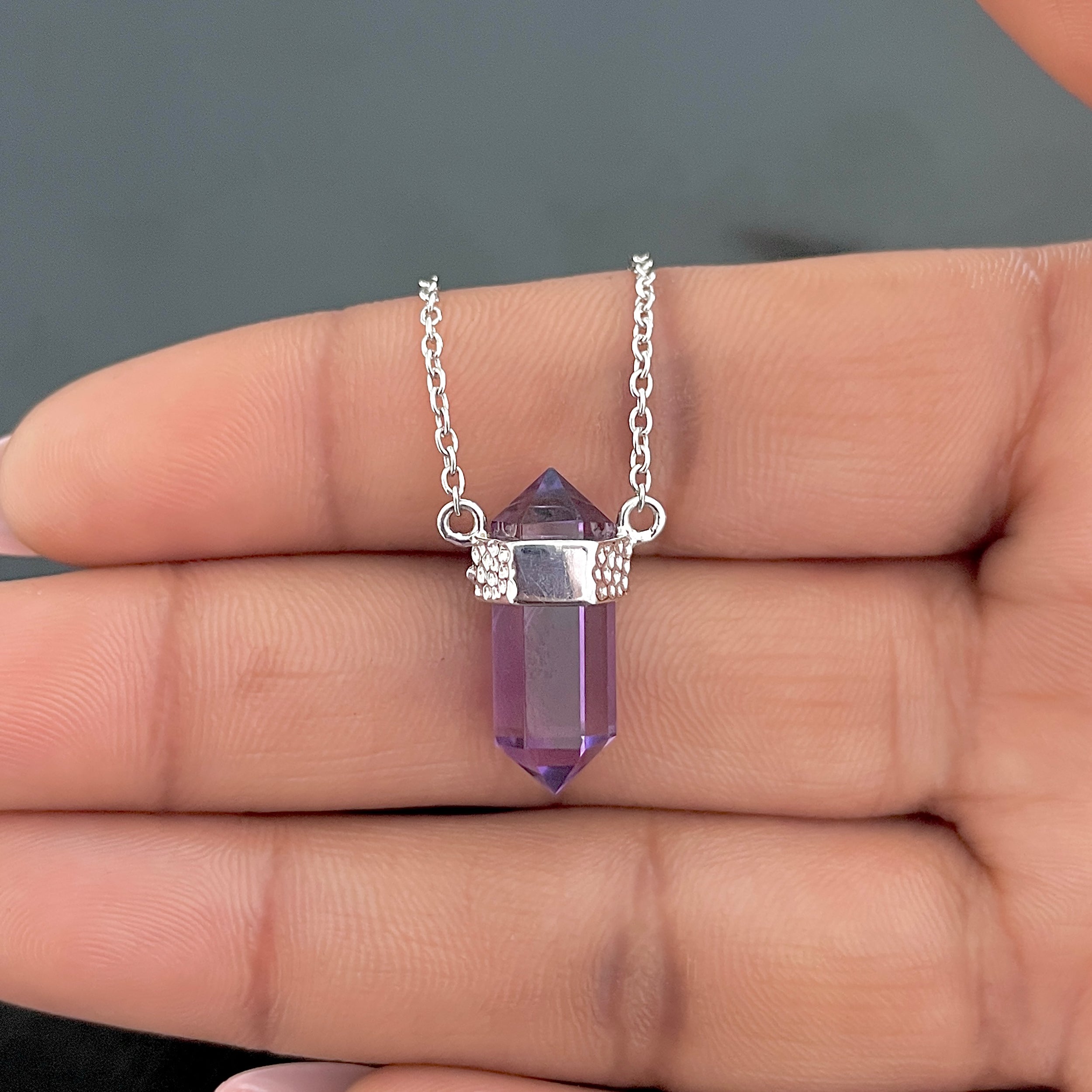 Amethyst & White Topaz Pencil Necklace-(AMT-RDN-136.)