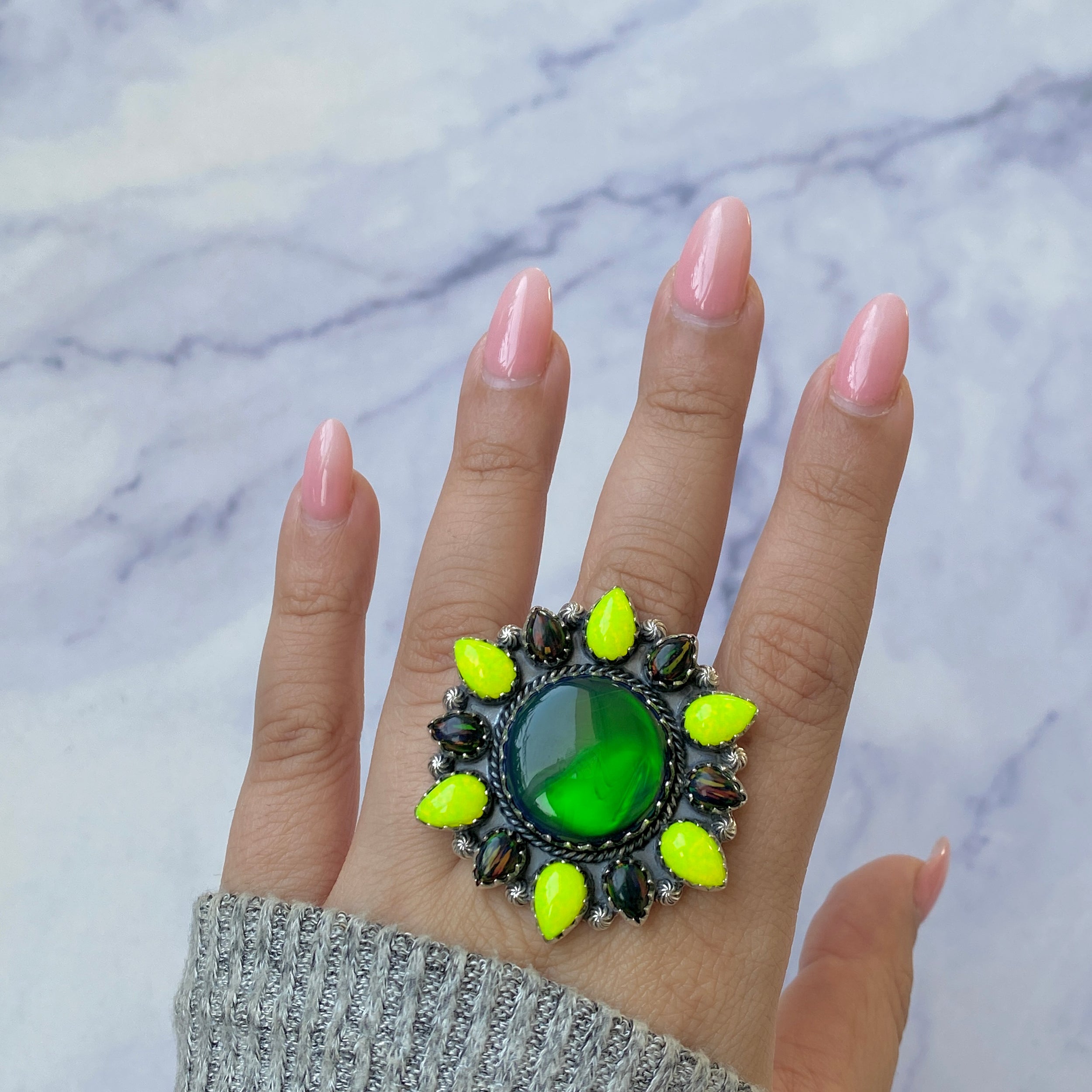 Aura Opal and Neon Opal Flower Adjustable Ring-(AOP-FLR-2.)