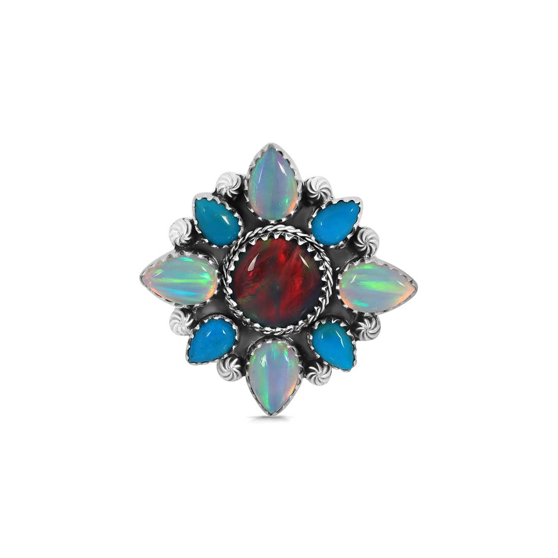 Aura Opal And Turquoise Flower Adjustable Ring-(AOP-FLR-4.)