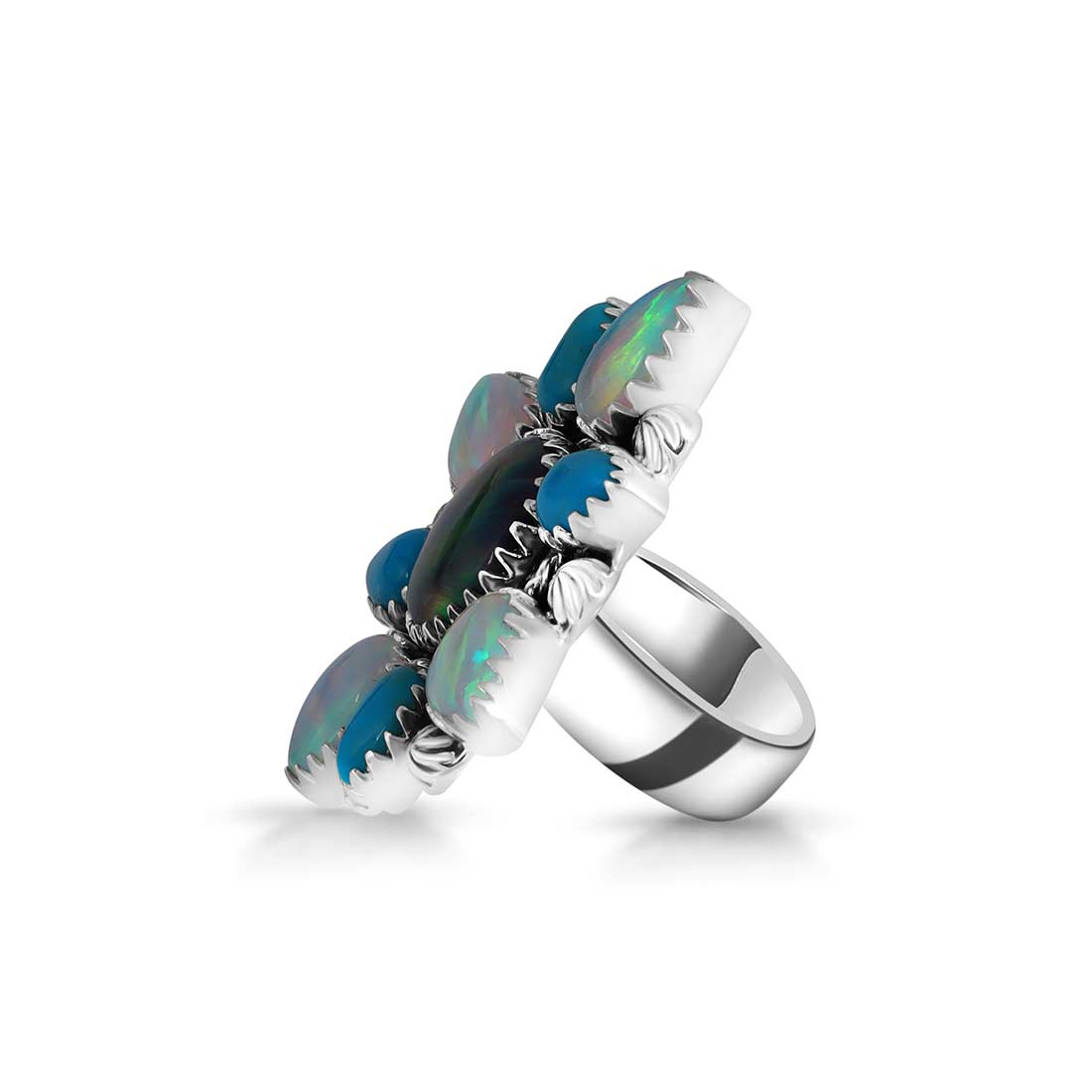 Aura Opal And Turquoise Flower Adjustable Ring-(AOP-FLR-4.)