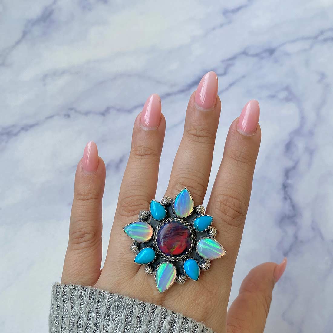 Aura Opal And Turquoise Flower Adjustable Ring-(AOP-FLR-4.)
