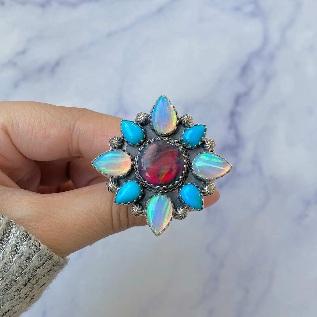 Aura Opal And Turquoise Flower Adjustable Ring-(AOP-FLR-4.)