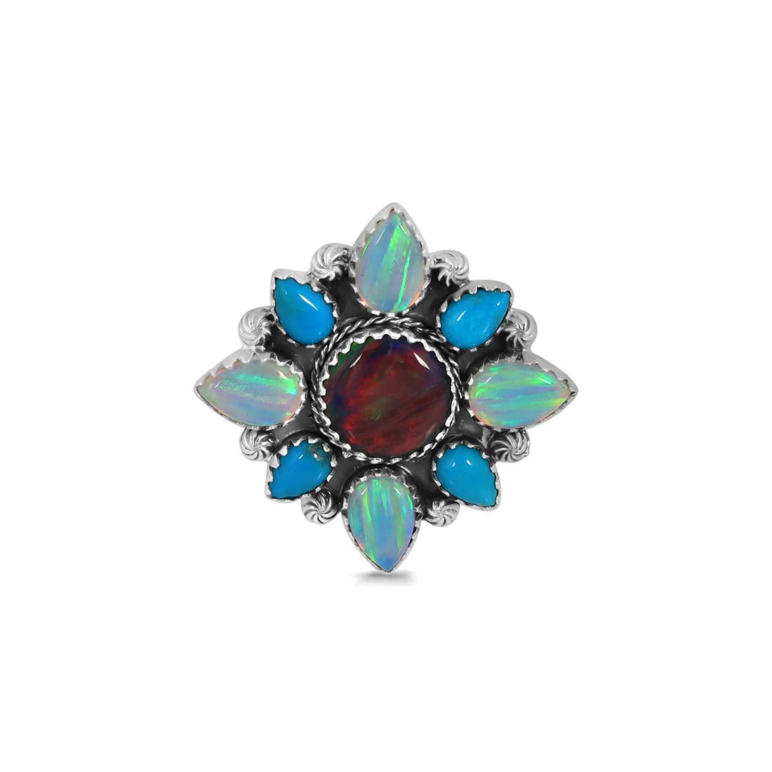 Aura Opal And Turquoise Flower Adjustable Ring-(AOP-FLR-5.)