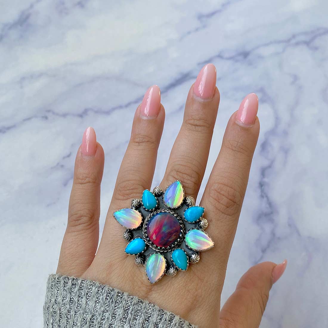Aura Opal And Turquoise Flower Adjustable Ring-(AOP-FLR-5.)