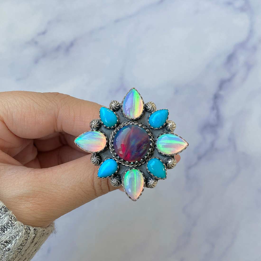 Aura Opal And Turquoise Flower Adjustable Ring-(AOP-FLR-5.)