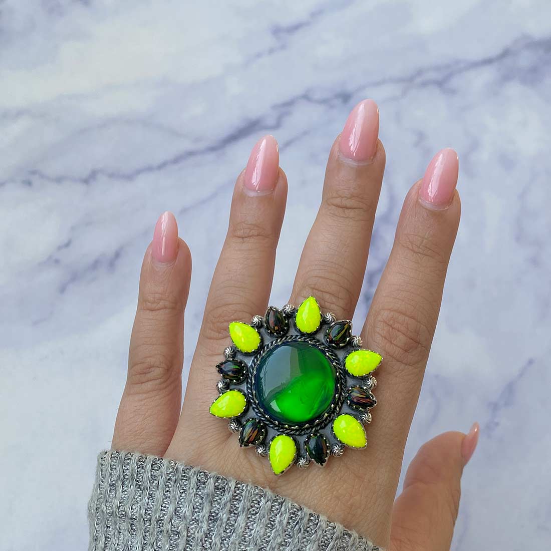 Aura Opal and Neon Opal Flower Adjustable Ring-(AOP-FLR-3.)
