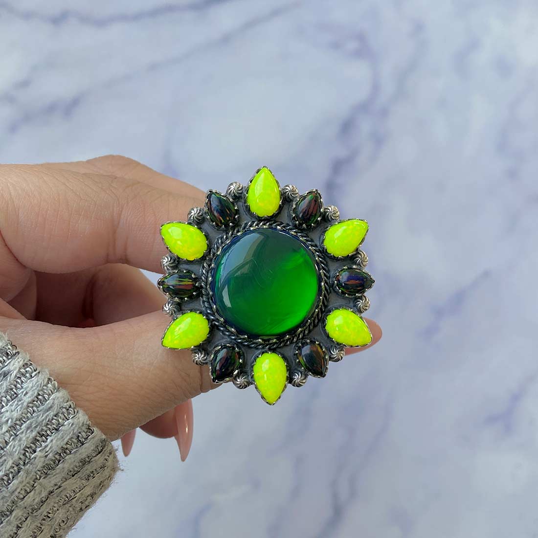 Aura Opal and Neon Opal Flower Adjustable Ring-(AOP-FLR-3.)