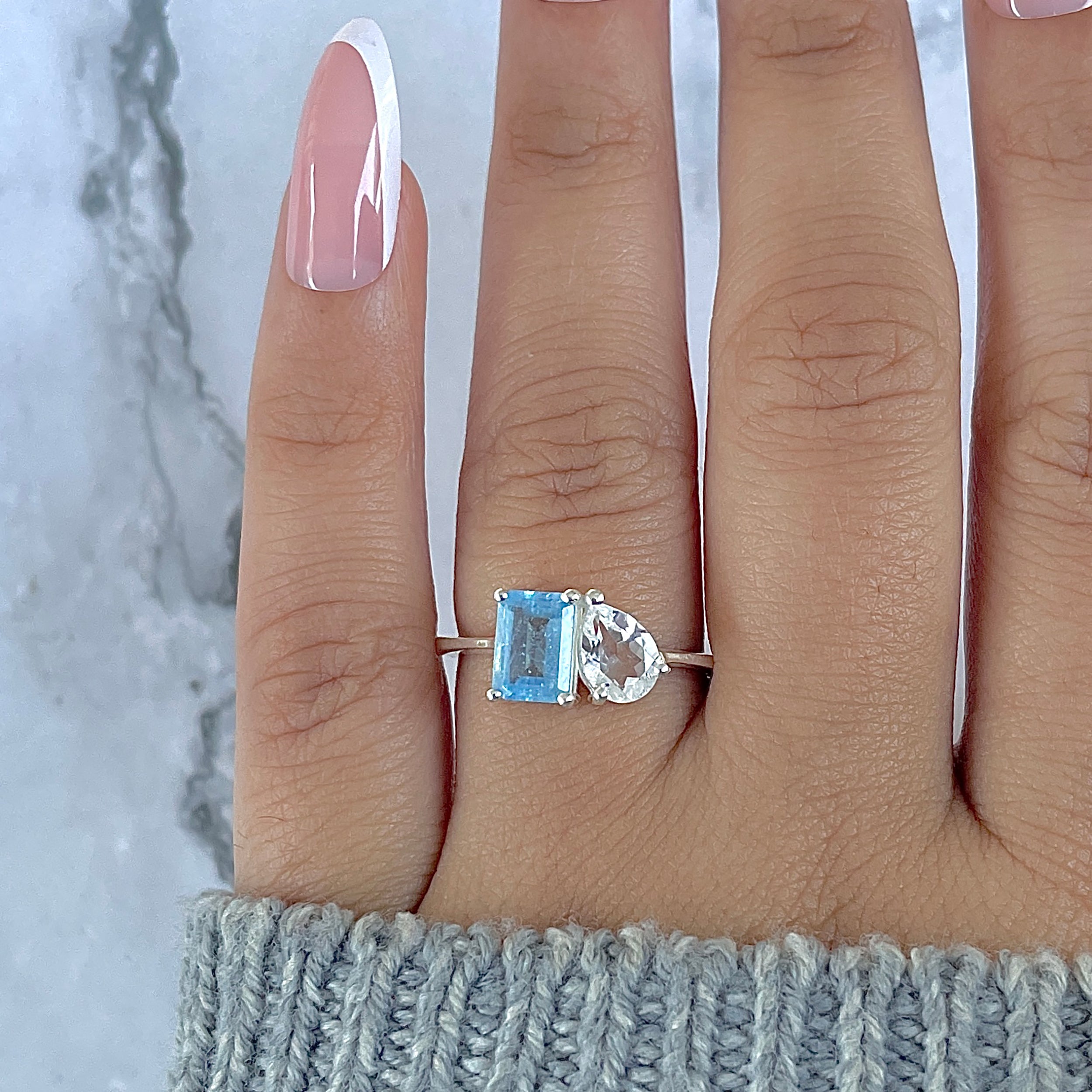 Aquamarine & Crystal Ring-(AQM-SR-3540.)