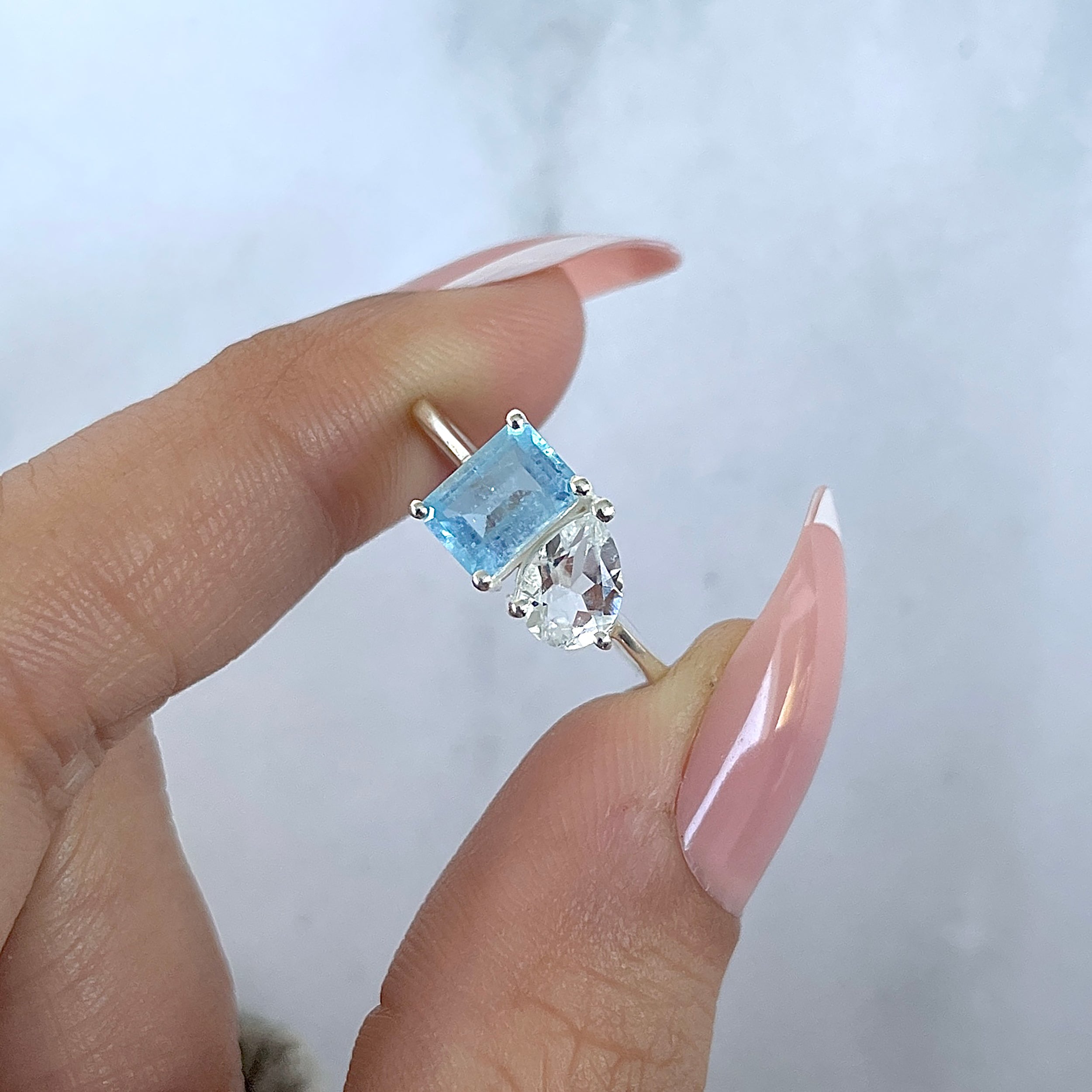 Aquamarine & Crystal Ring-(AQM-SR-3540.)