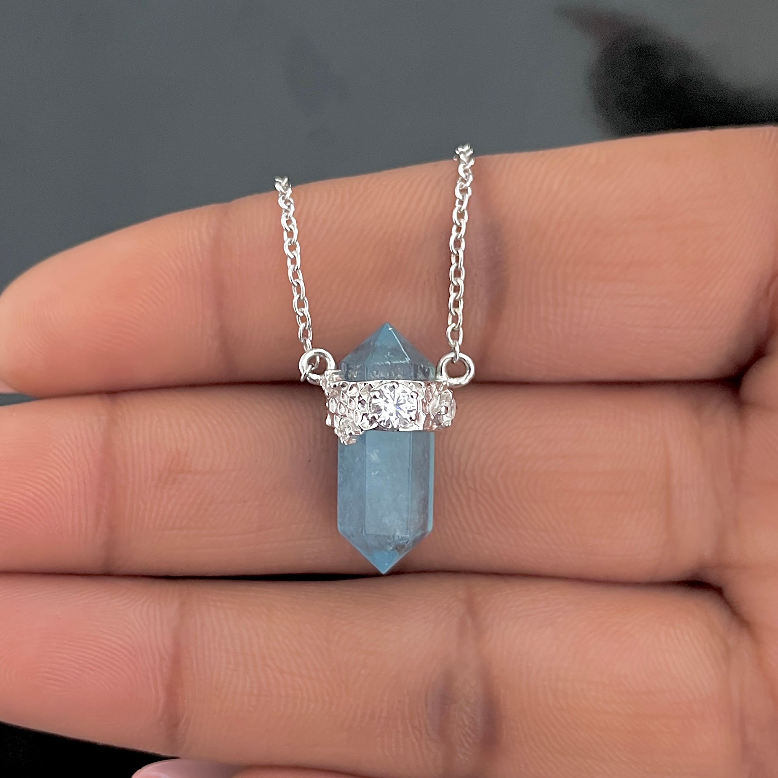 Aquamarine & White Topaz Pencil Necklace-(AQM-RDN-136.)