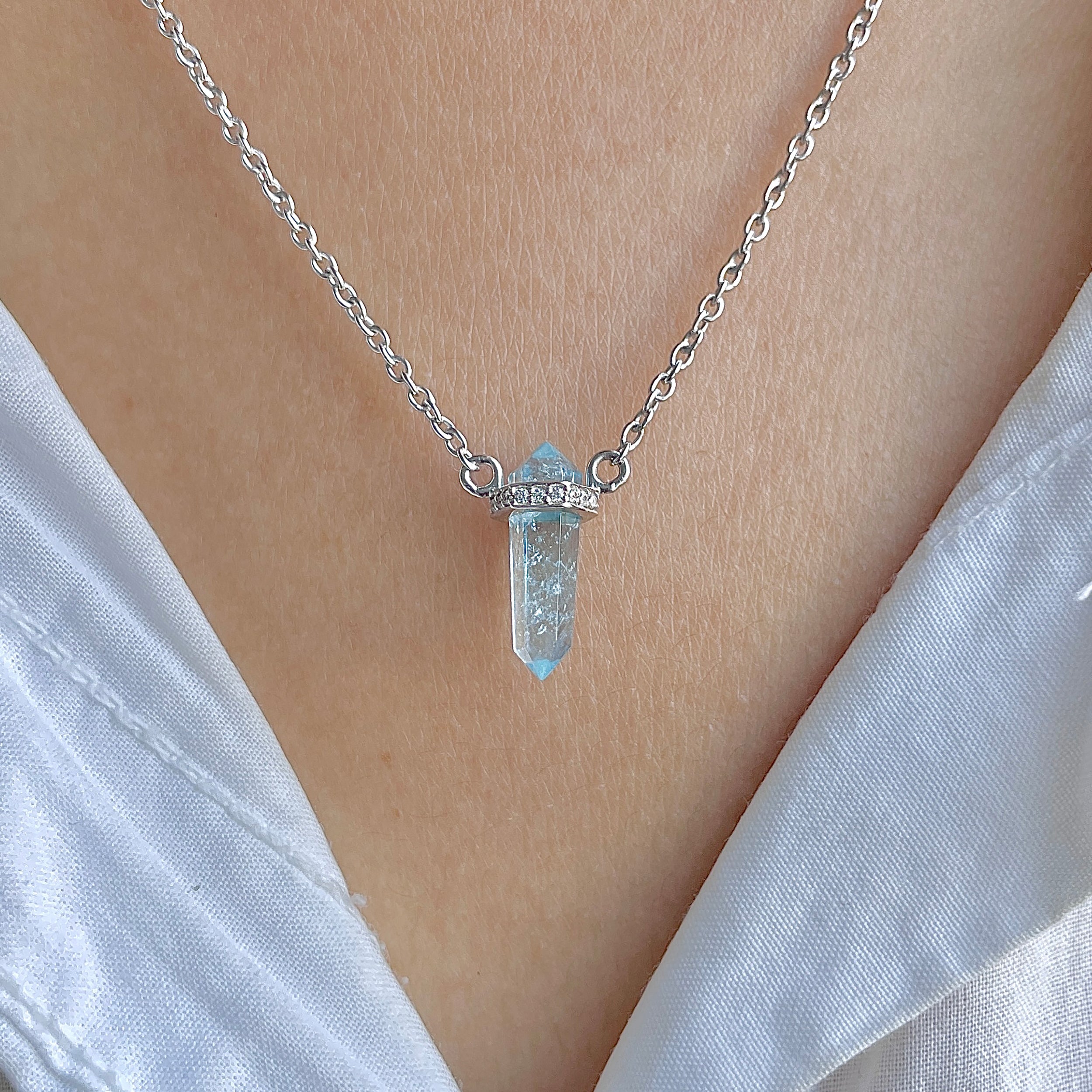 Aquamarine & White Topaz Pencil Necklace-(AQM-RN-84.)