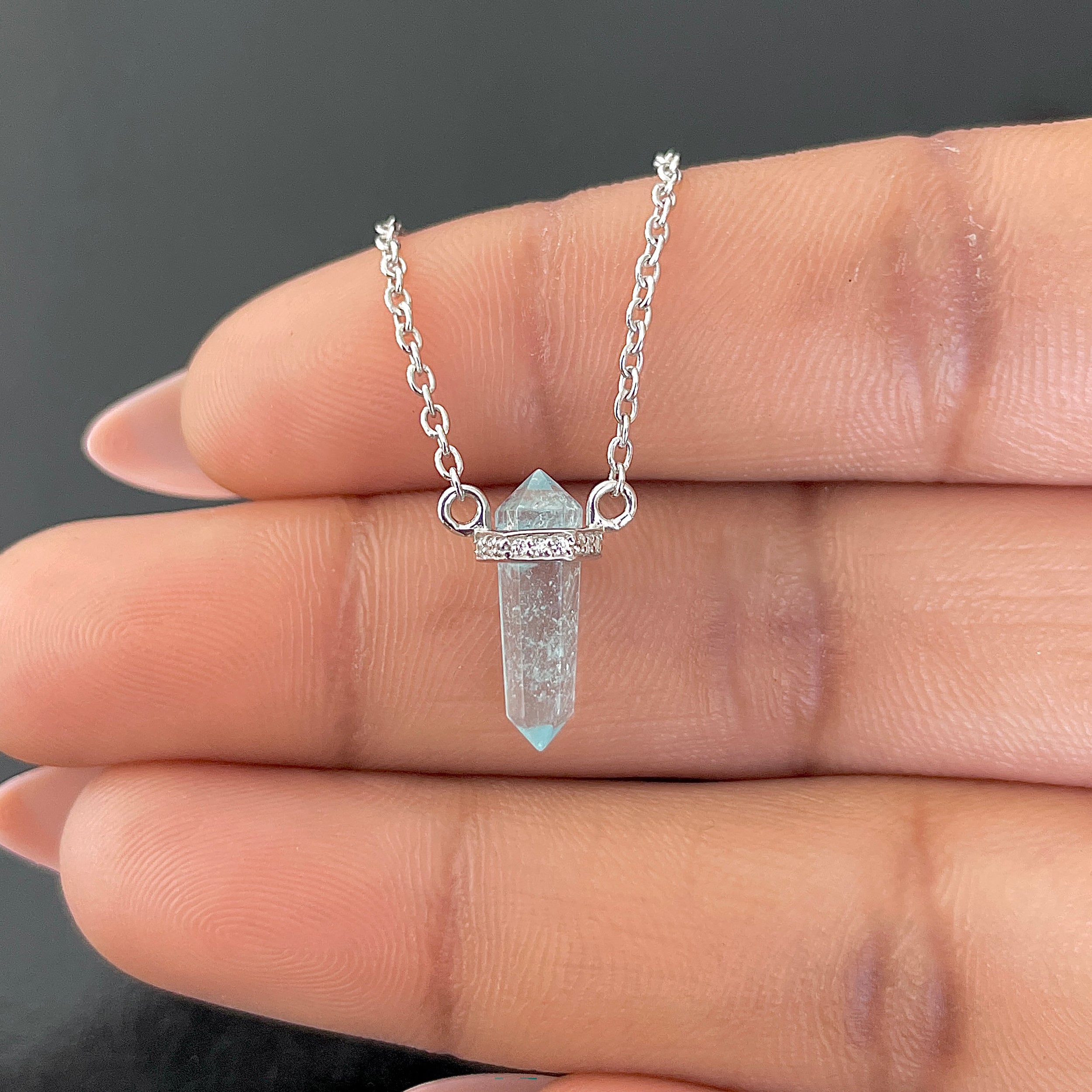 Aquamarine & White Topaz Pencil Necklace-(AQM-RN-84.)