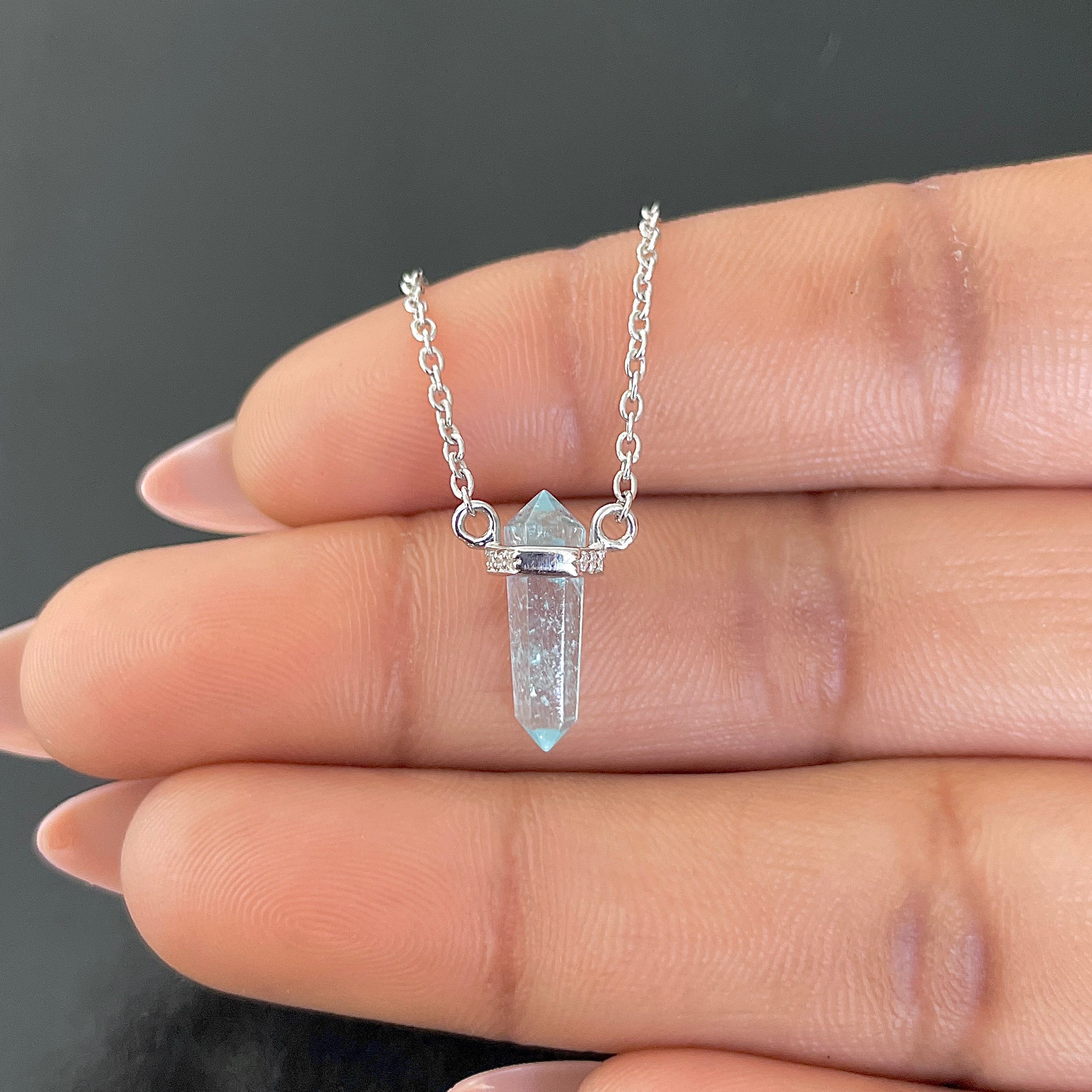 Aquamarine & White Topaz Pencil Necklace-(AQM-SN-84.)