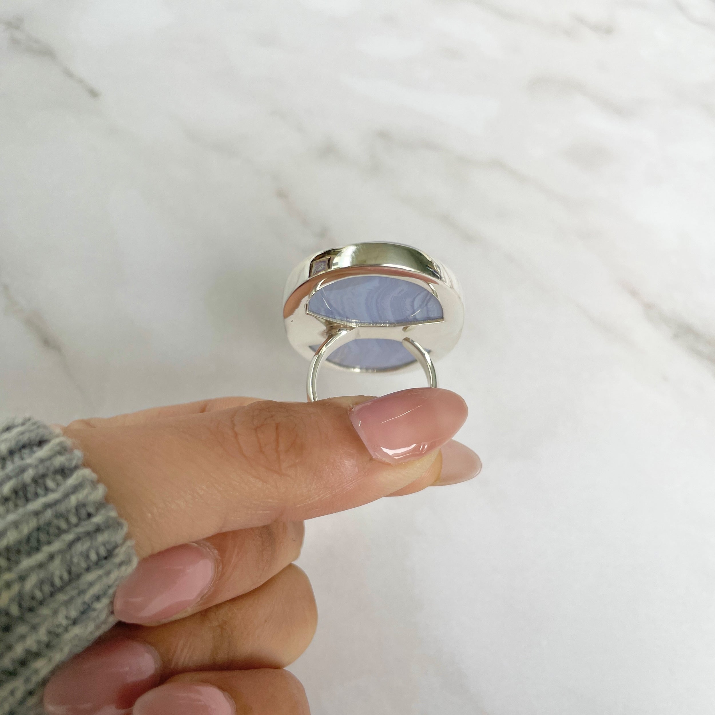 Blue Lace Agate Adjustable Ring-(BLA-R-58.)