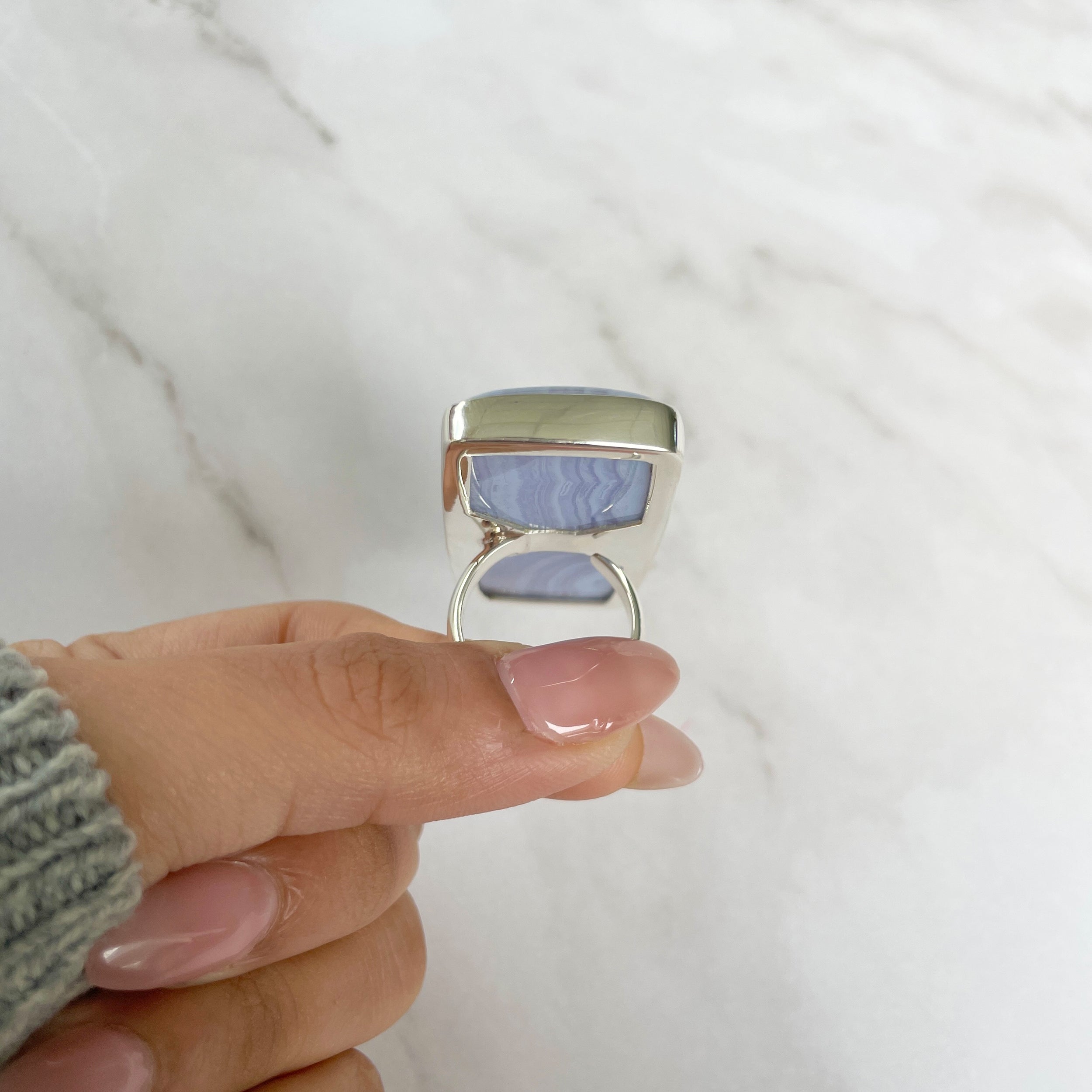 Blue Lace Agate Adjustable Ring-(BLA-R-60.)