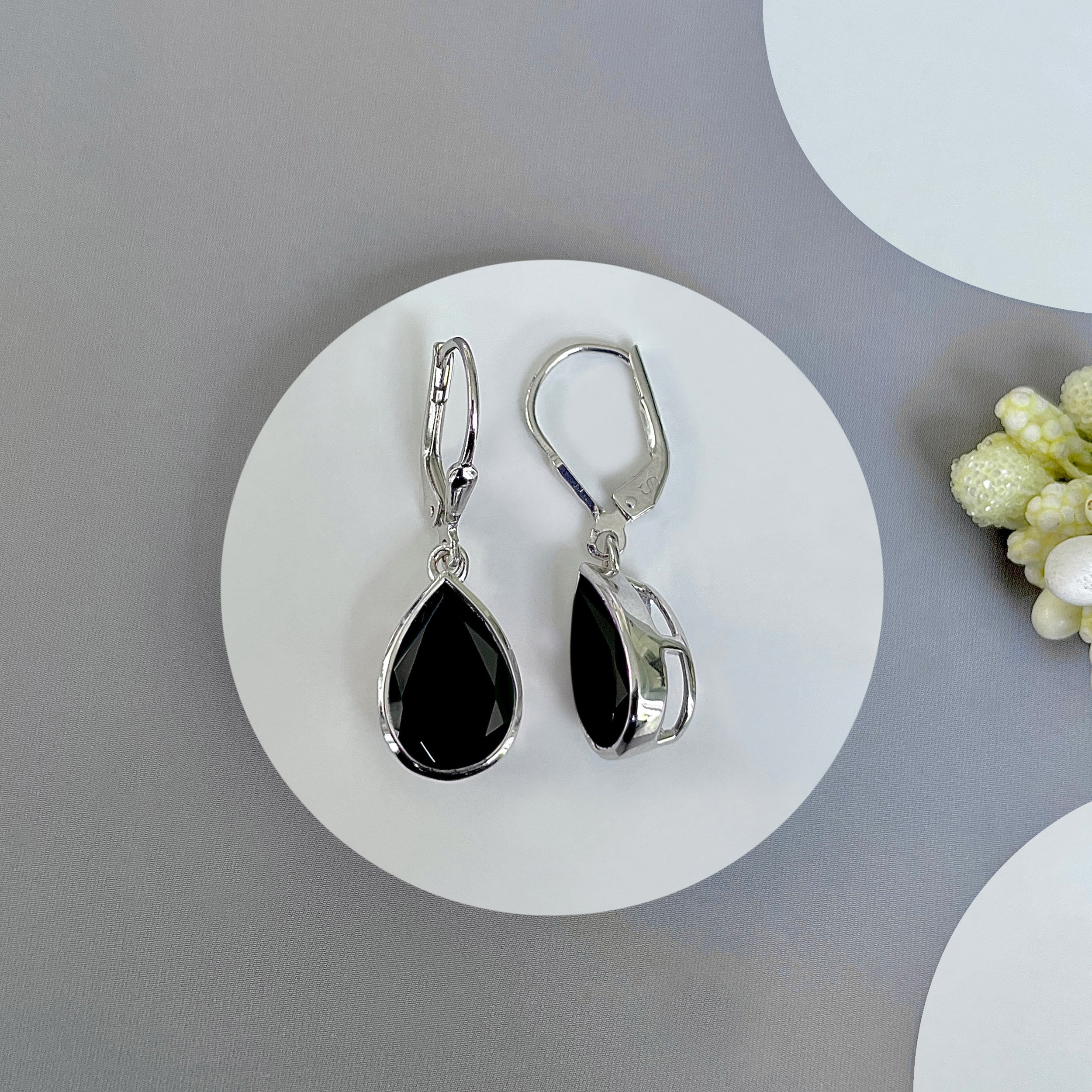 Black Tourmaline Leverback Earring-(BLS-SE-1252.)