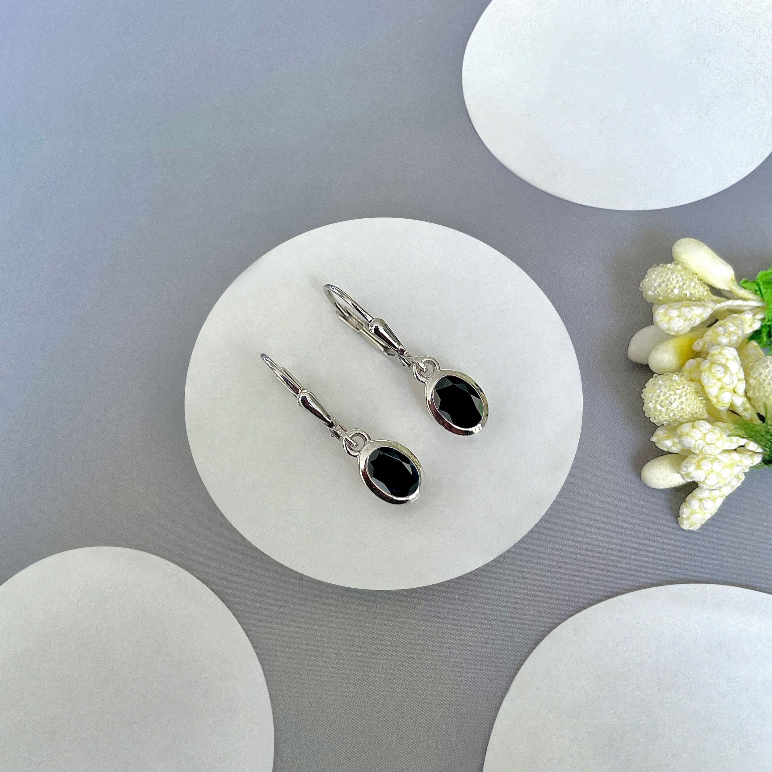 Black Tourmaline Leverback Earring-(BLS-SE-1316.)