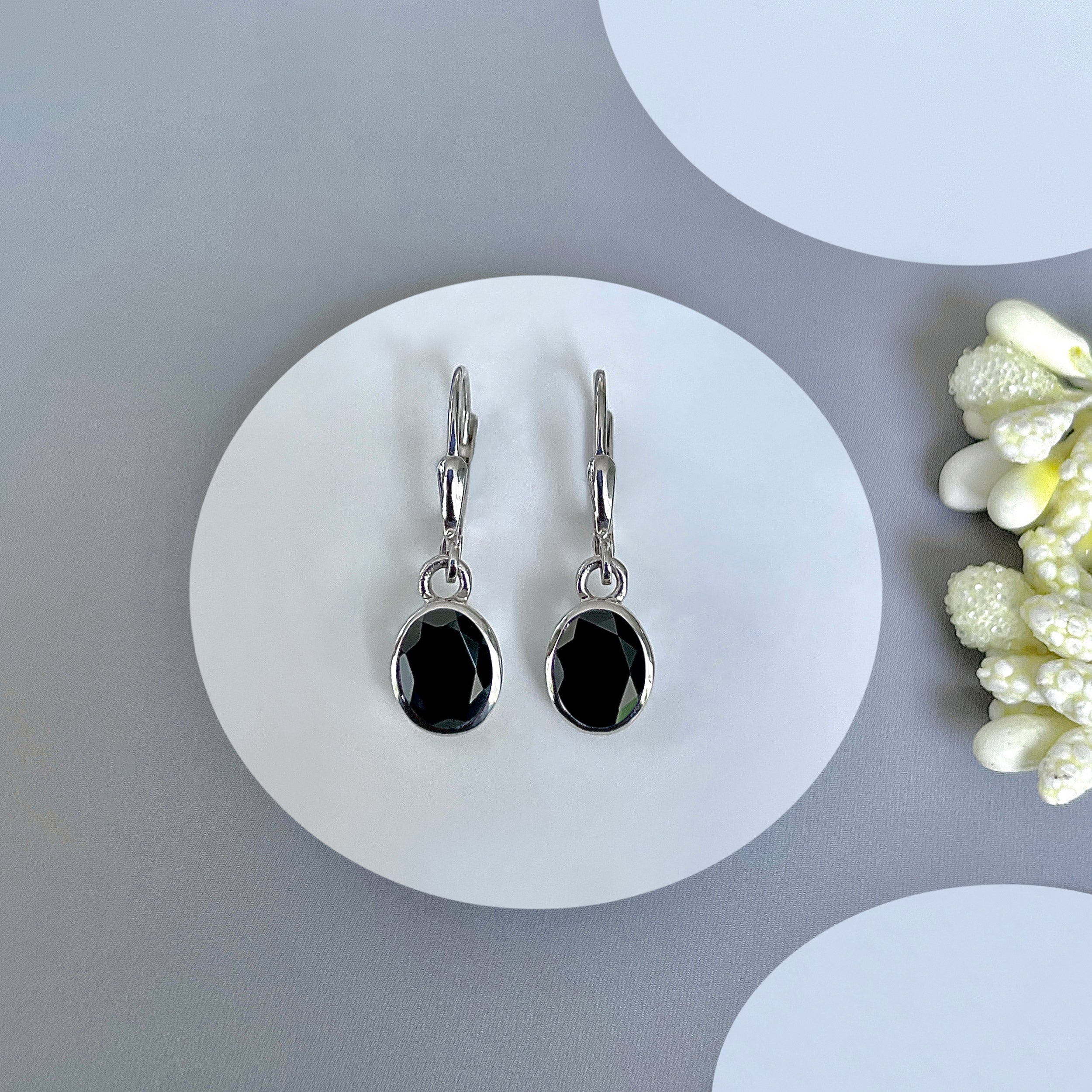 Black Tourmaline Leverback Earring-(BLS-SE-547.)