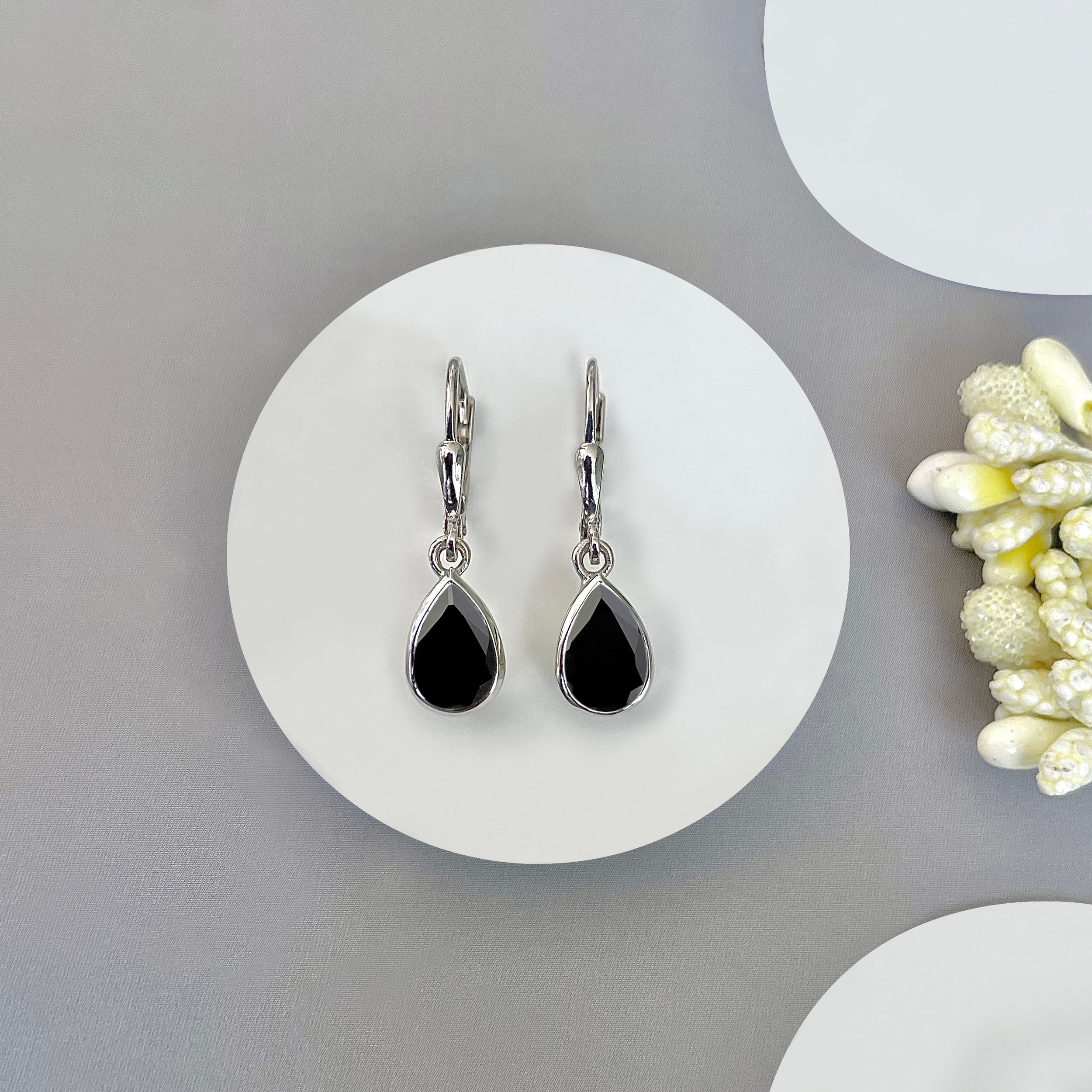 Black Tourmaline Leverback Earrings-(BLS-SE-679.)