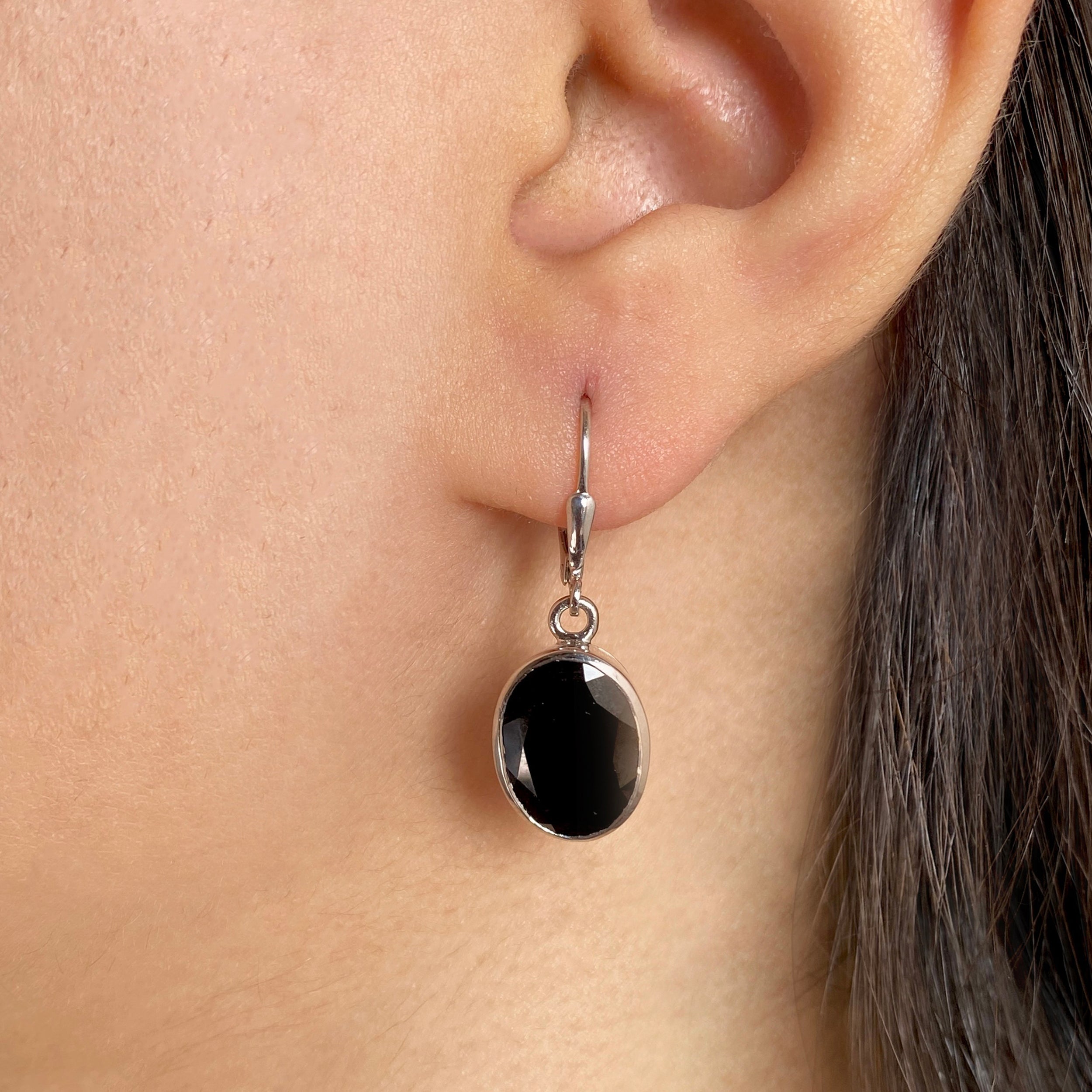 Black Tourmaline Leverback Earrings-(BLS-SE-709.)