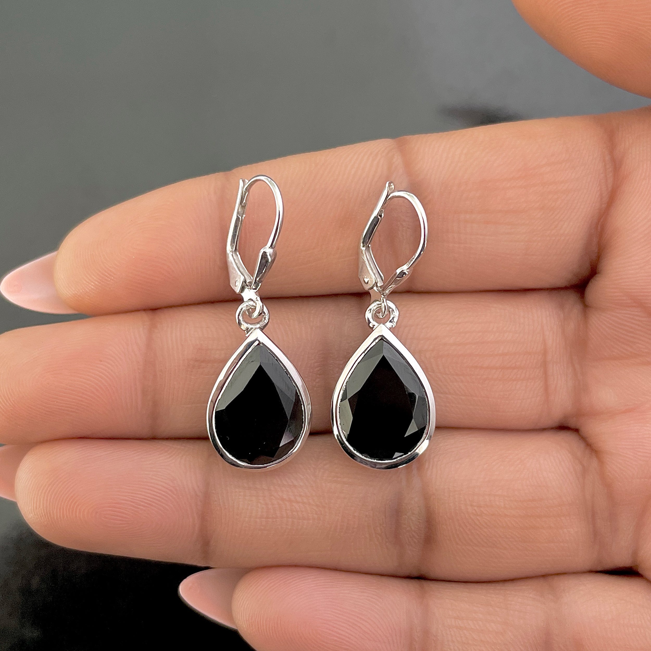 Black Tourmaline Leverback Earrings-(BLS-SE-725.)
