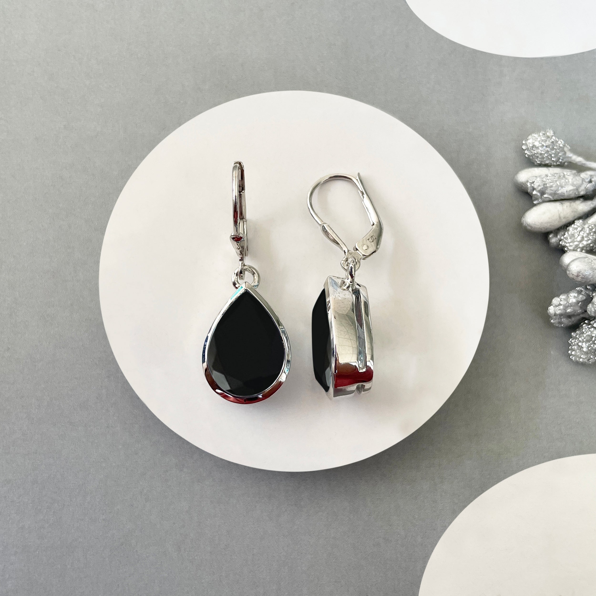Black Tourmaline Leverback Earrings-(BLS-SE-725.)