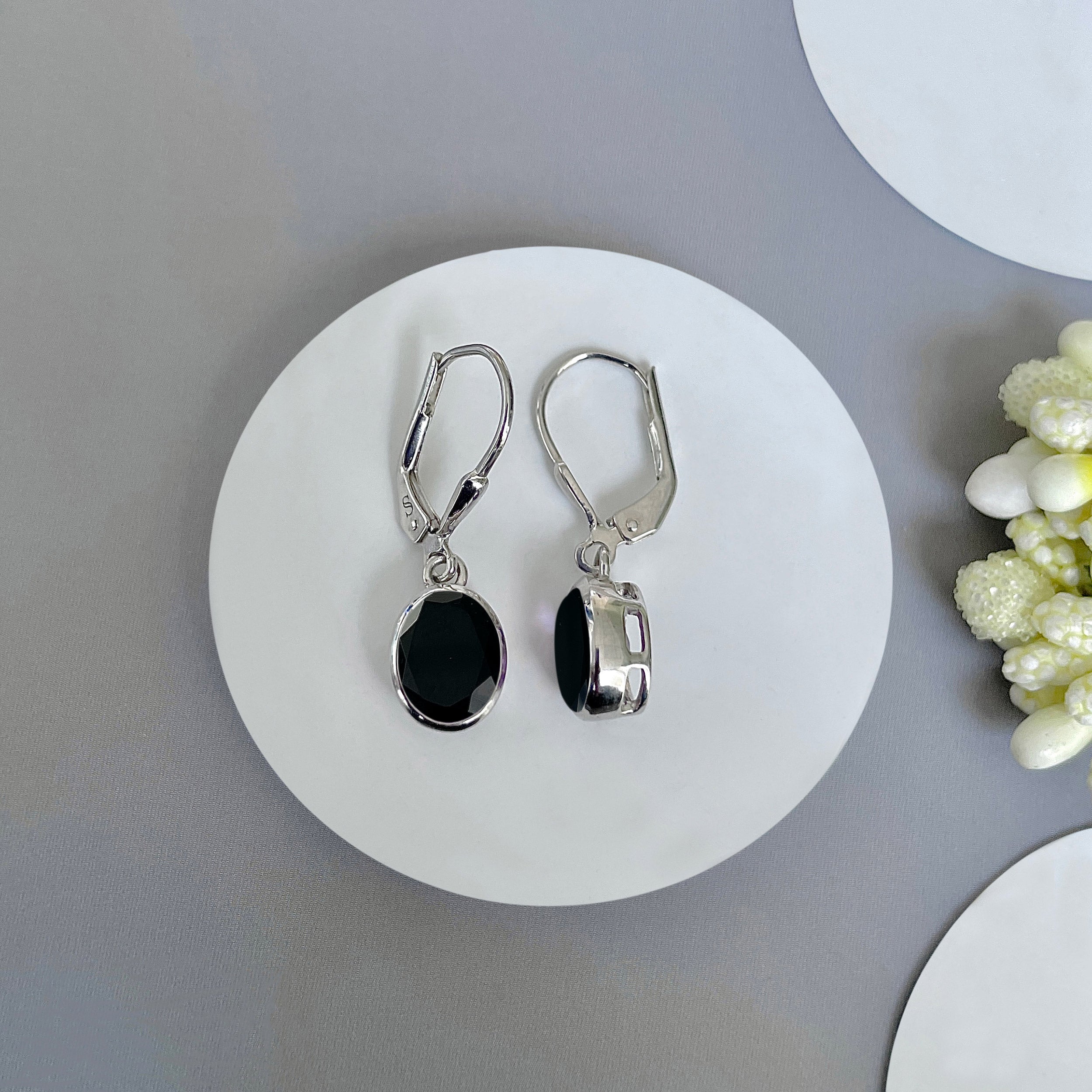 Black Tourmaline Leverback Earrings-(BLS-SE-998.)