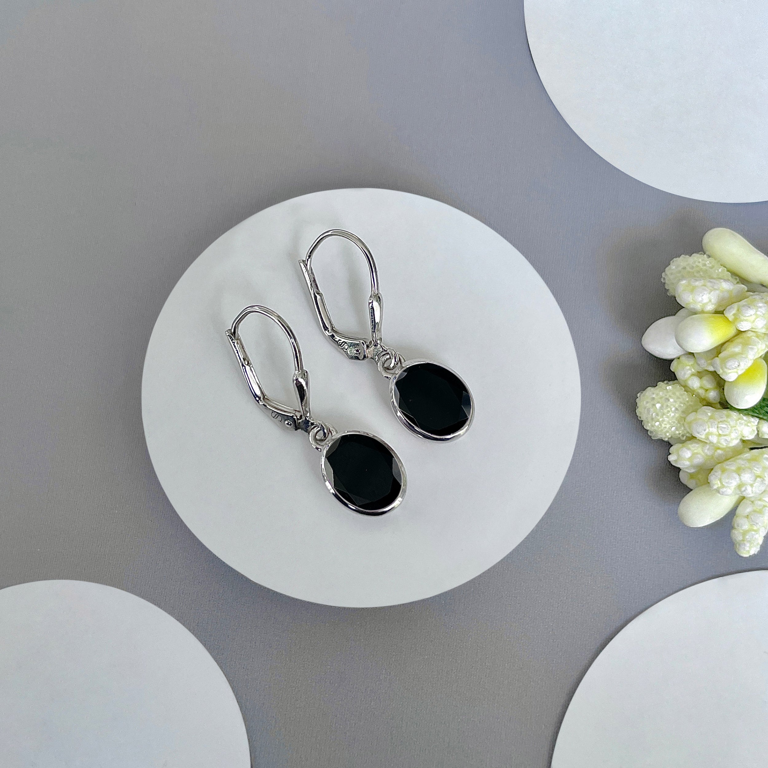 Black Tourmaline Leverback Earrings-(BLS-SE-998.)