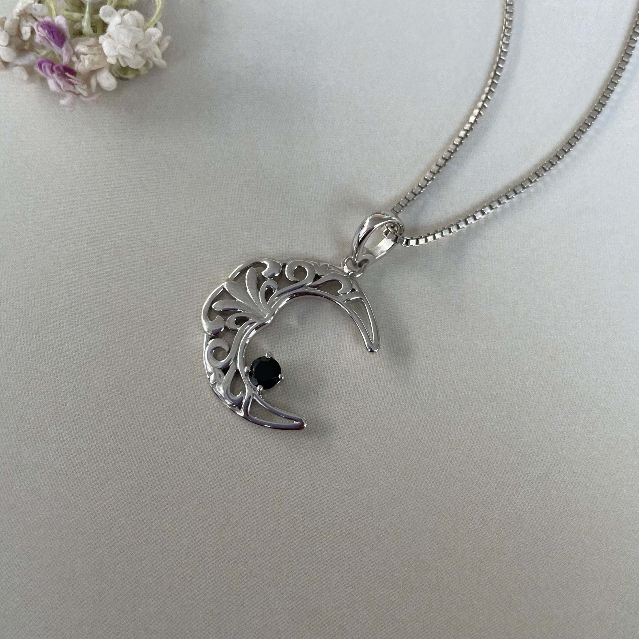 Black Tourmaline Crescent Moon Pendant-(BLS-SN-150.)