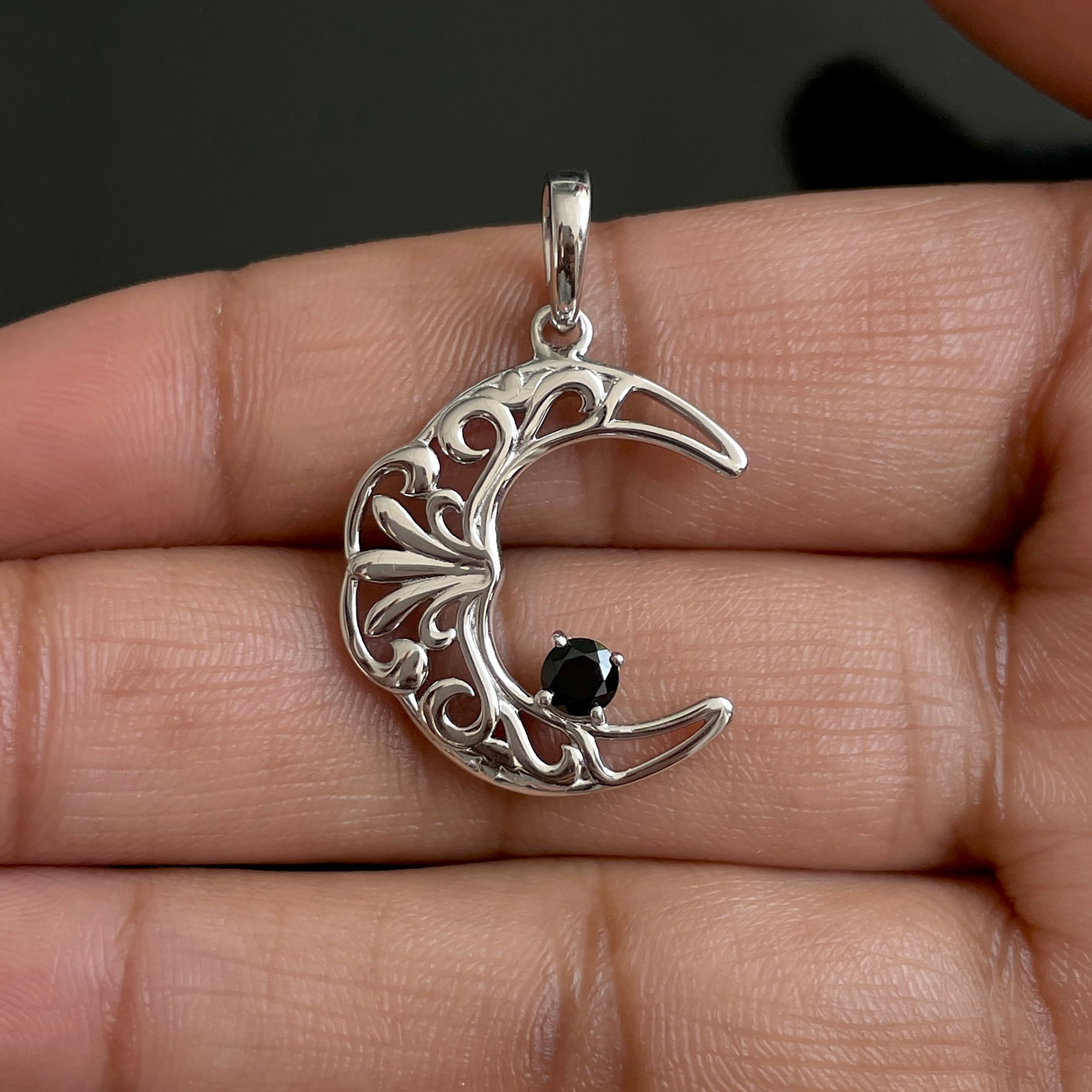 Black Tourmaline Crescent Moon Pendant-(BLS-SN-150.)