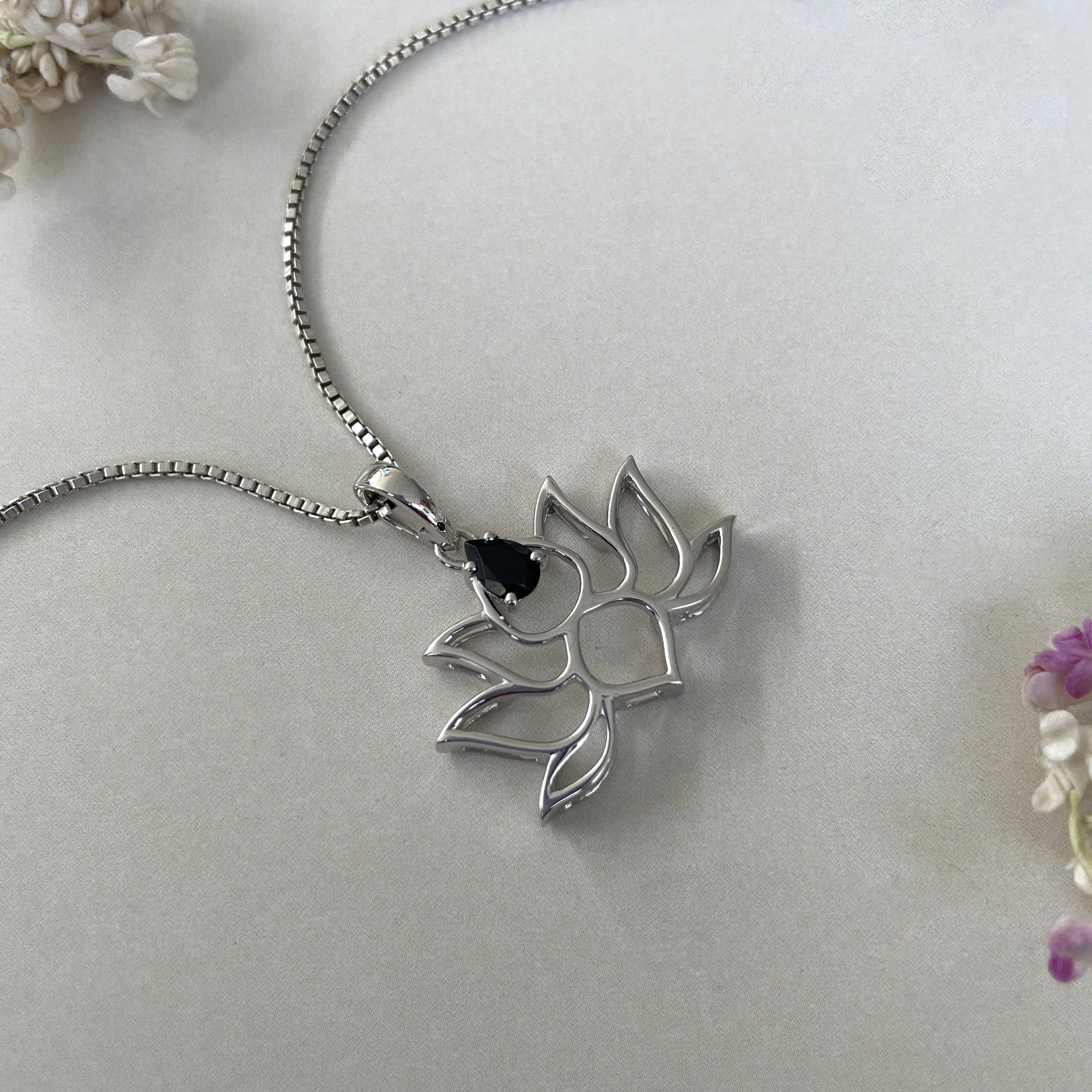 Black Tourmaline Lotus Pendant-(BLS-SN-156P.)