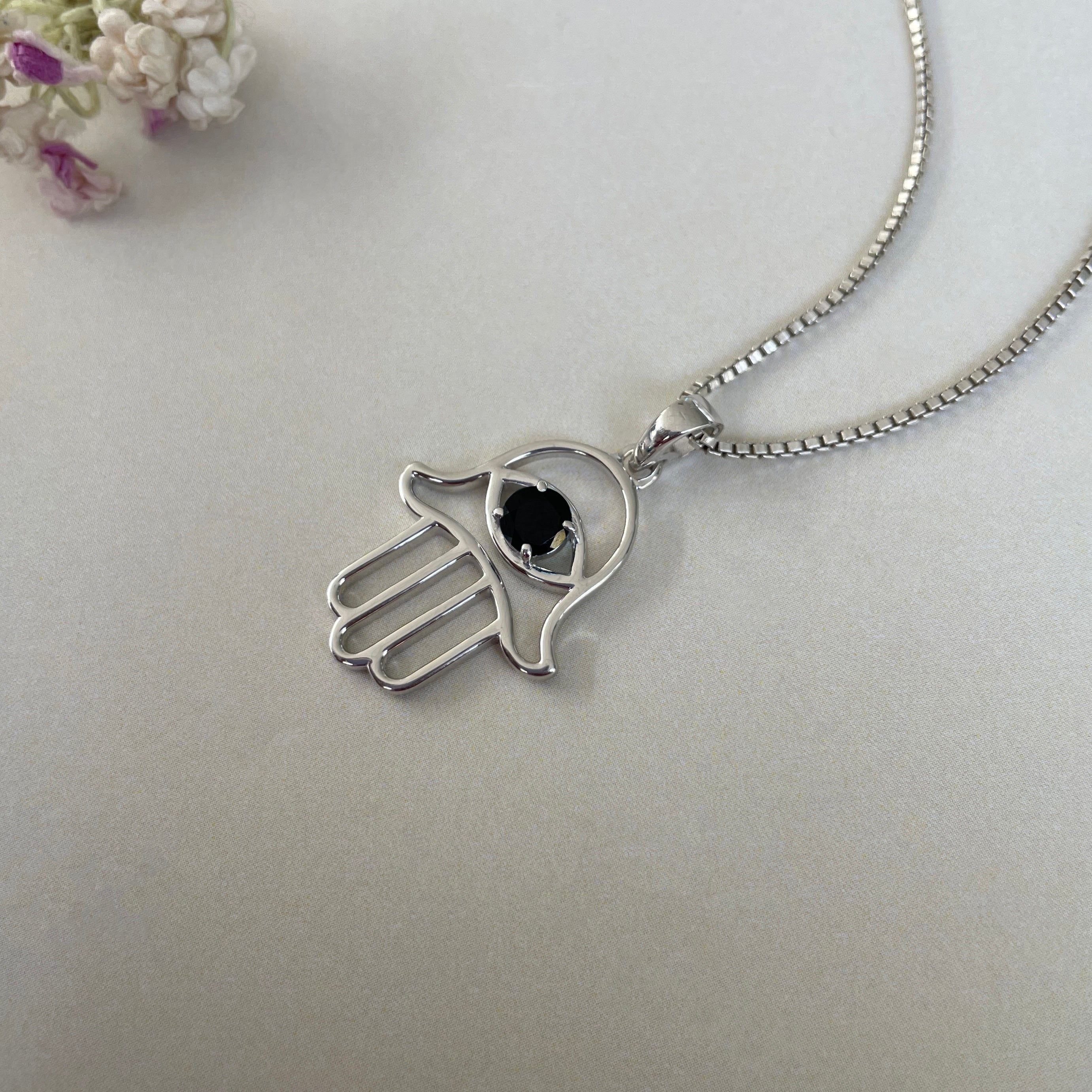 Black Tourmaline Hamsa Hand Pendant-(BLS-SN-172P.)