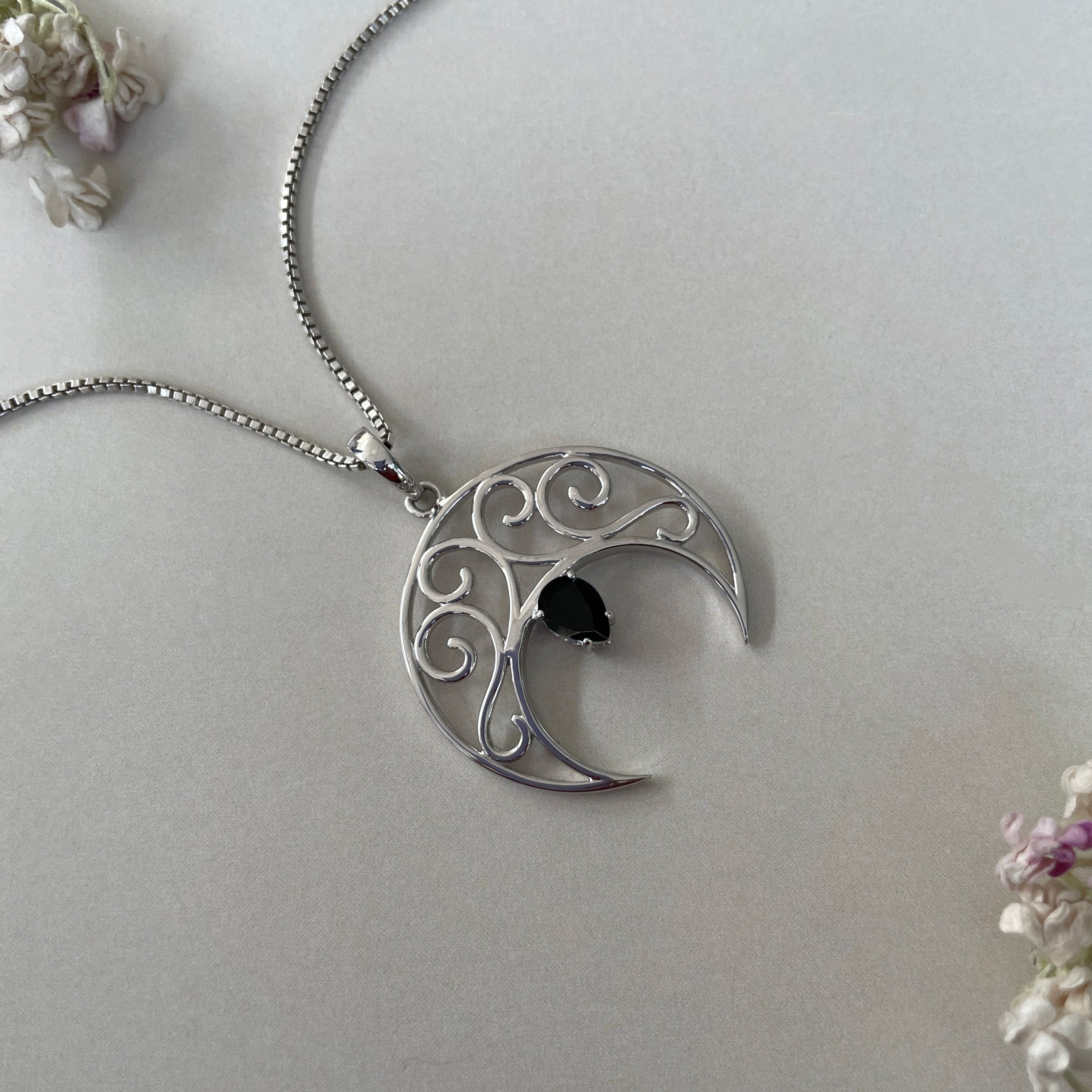 Black Tourmaline Crescent Moon Pendant-(BLS-SN-181.)