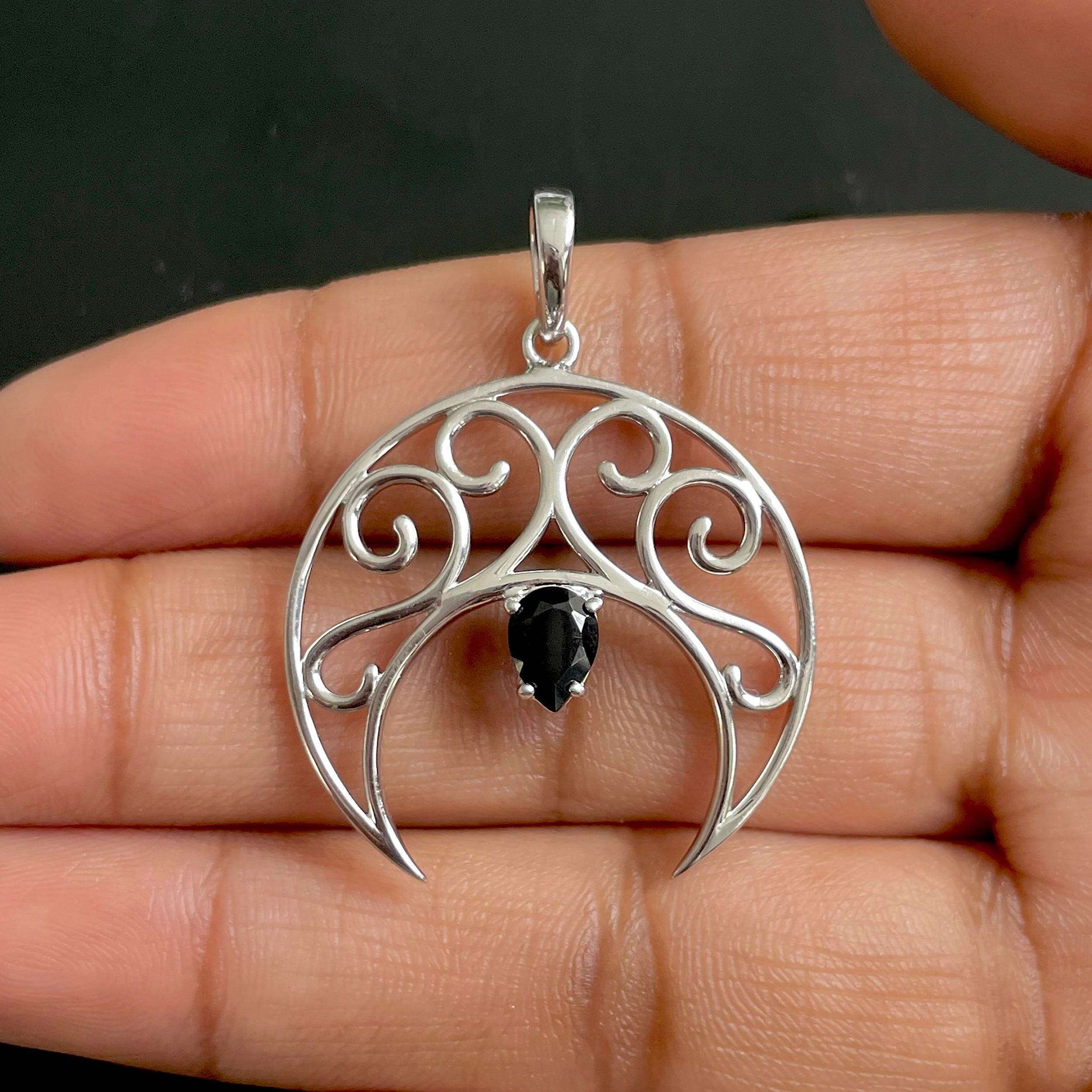 Black Tourmaline Crescent Moon Pendant-(BLS-SN-181.)