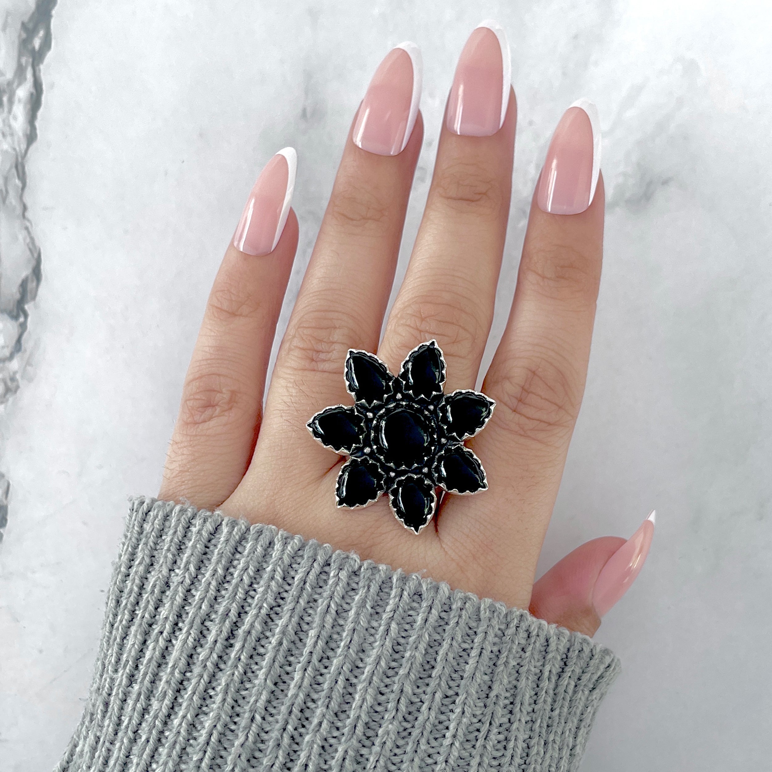 Black Onyx Flower Ring Size 7-(BOX-FLR-10.)