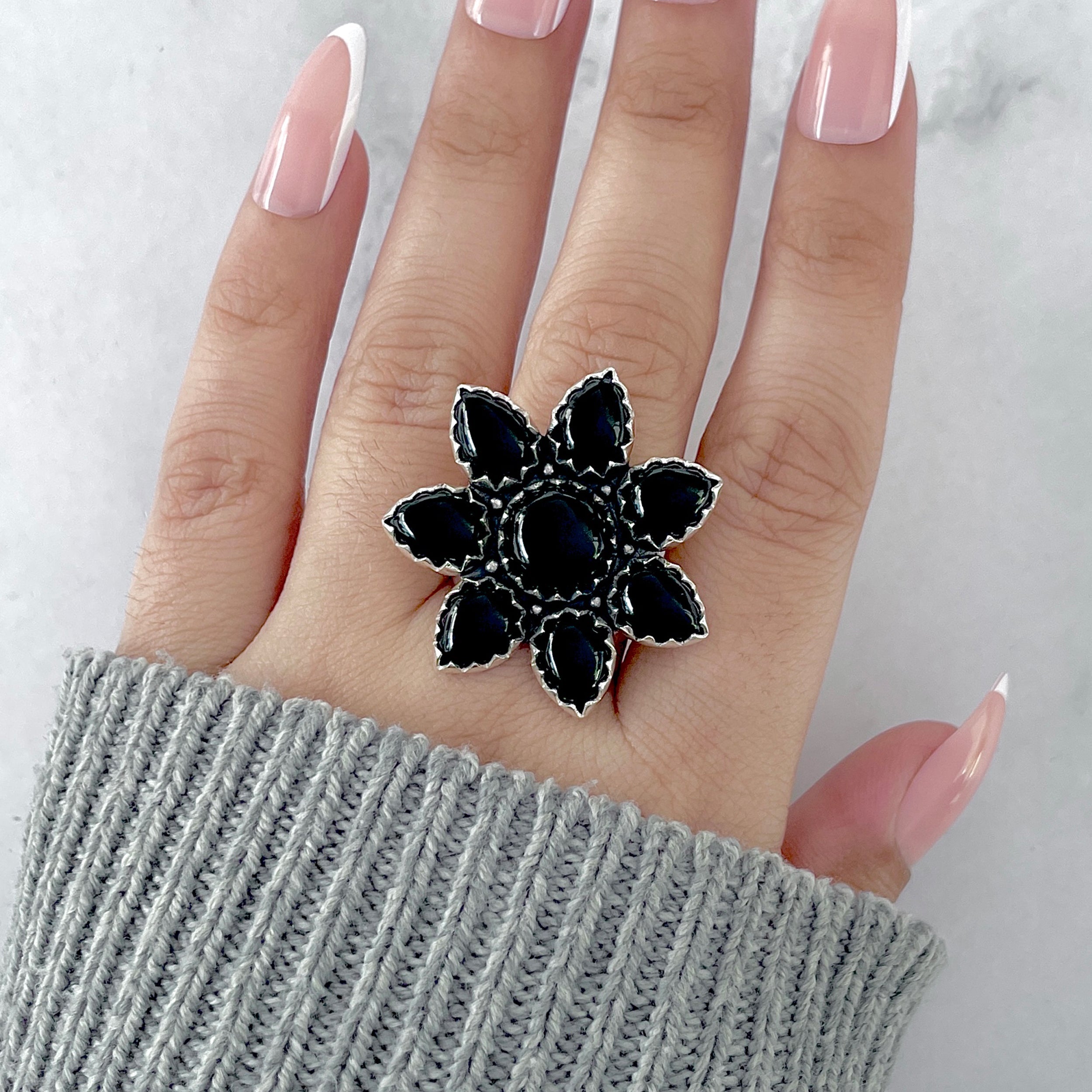 Black Onyx Flower Ring Size 7-(BOX-FLR-10.)