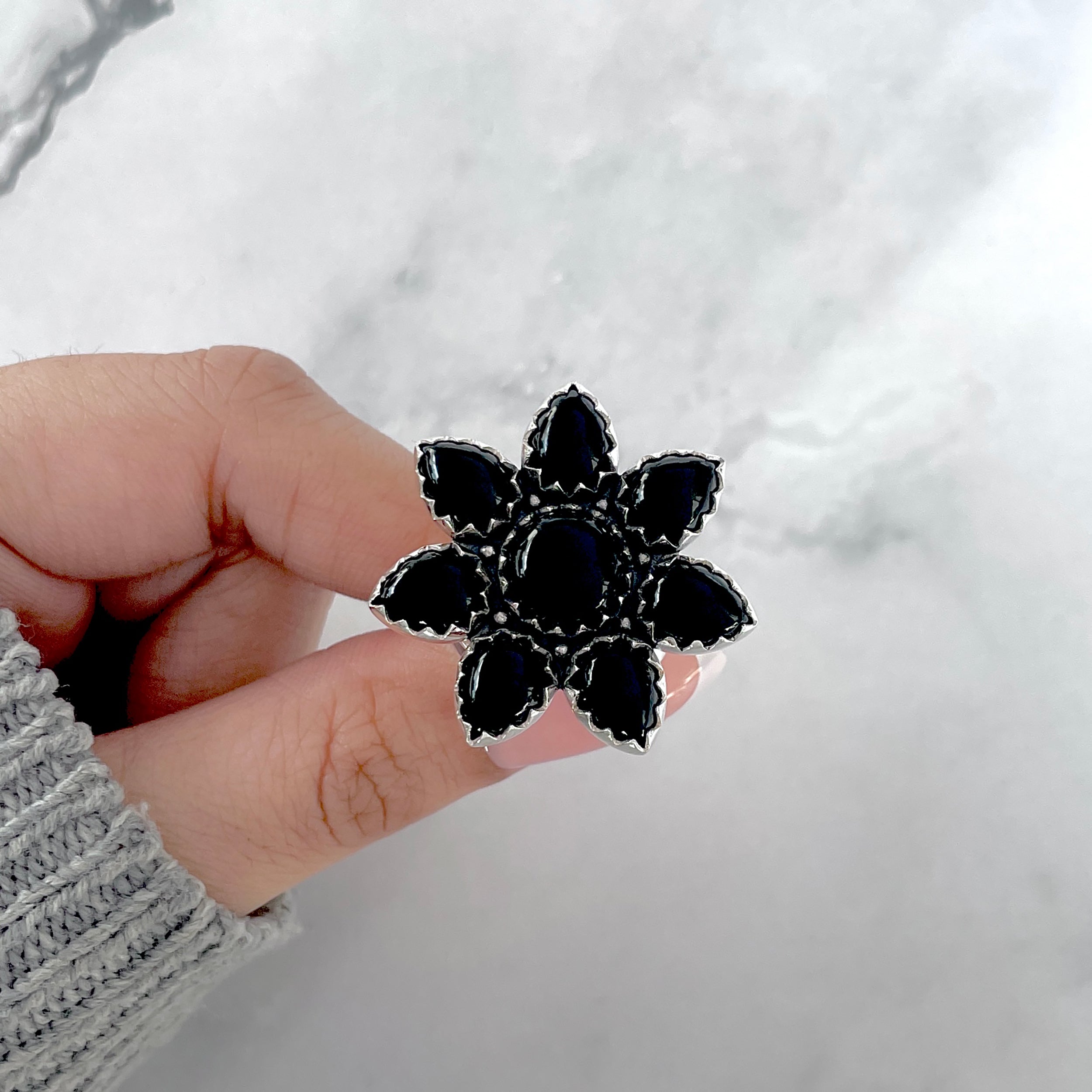 Black Onyx Flower Ring Size 7-(BOX-FLR-10.)