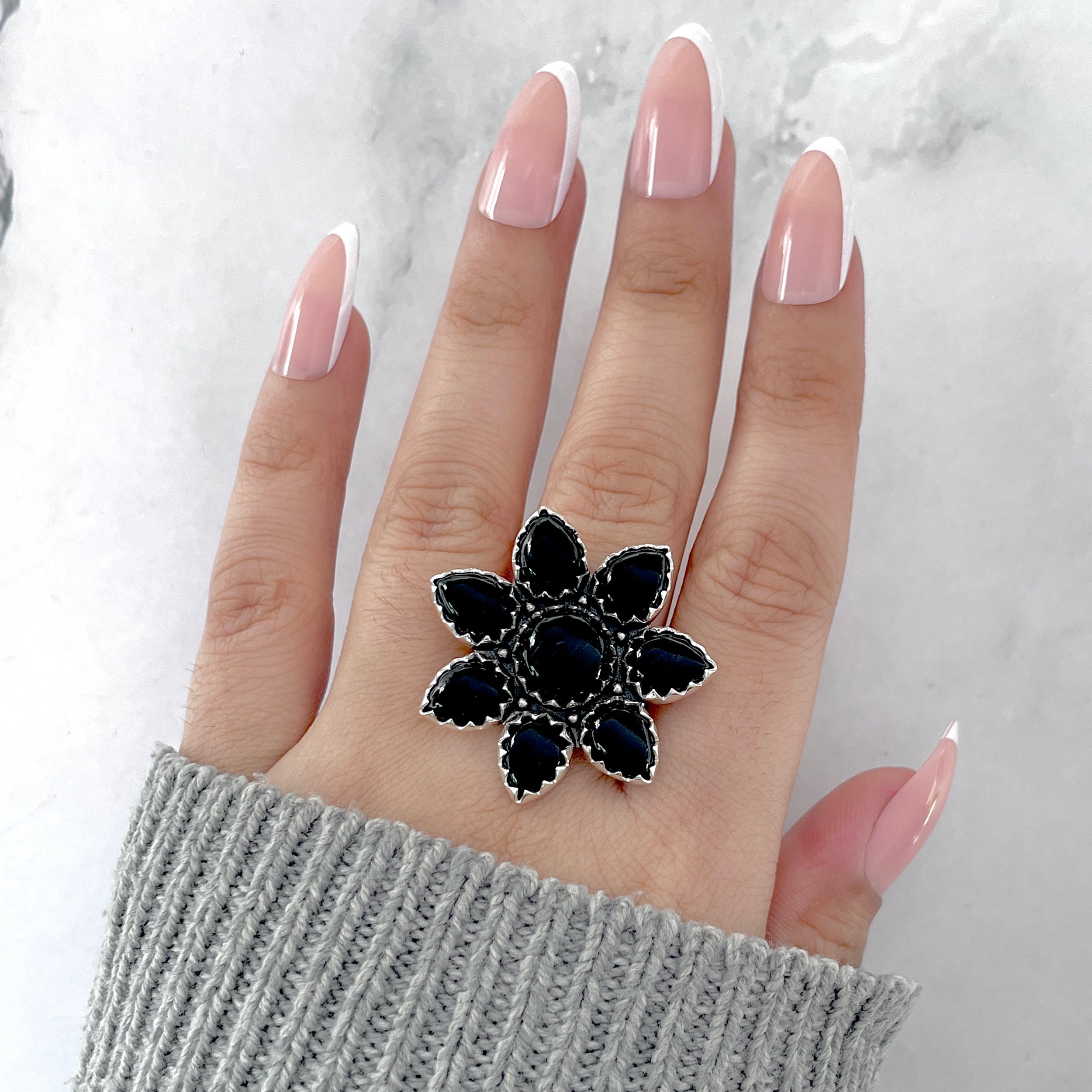 Black Onyx Flower Ring Size 9-(BOX-FLR-12.)