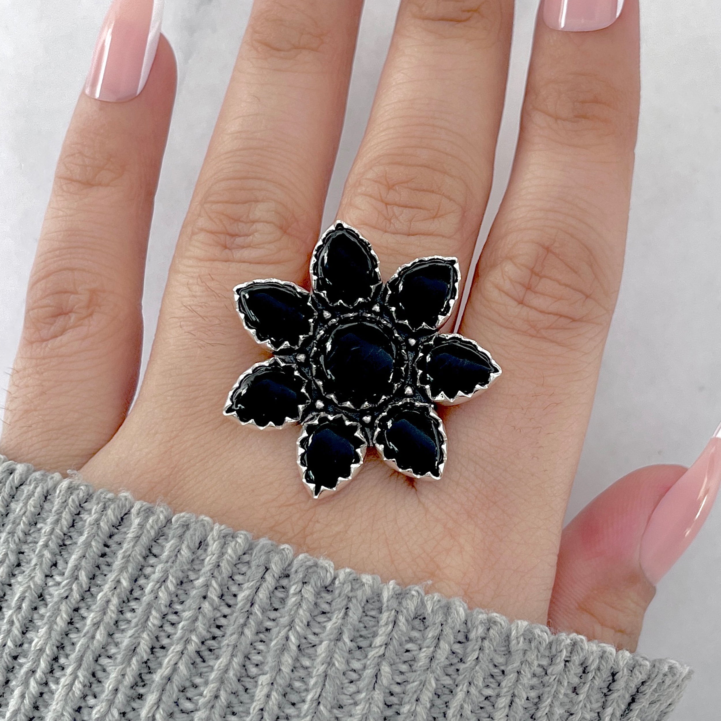 Black Onyx Flower Ring Size 9-(BOX-FLR-12.)