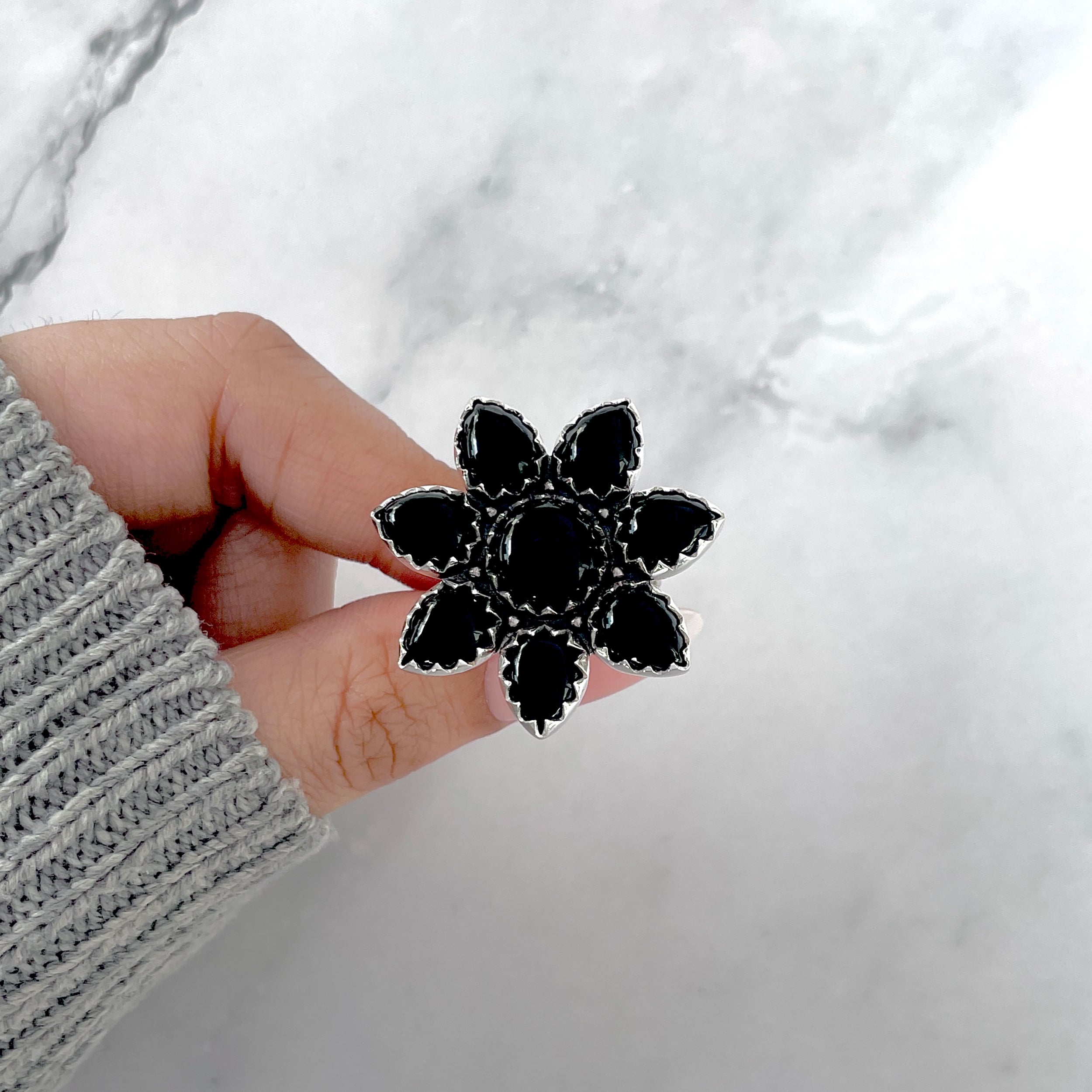 Black Onyx Flower Ring Size 9-(BOX-FLR-12.)