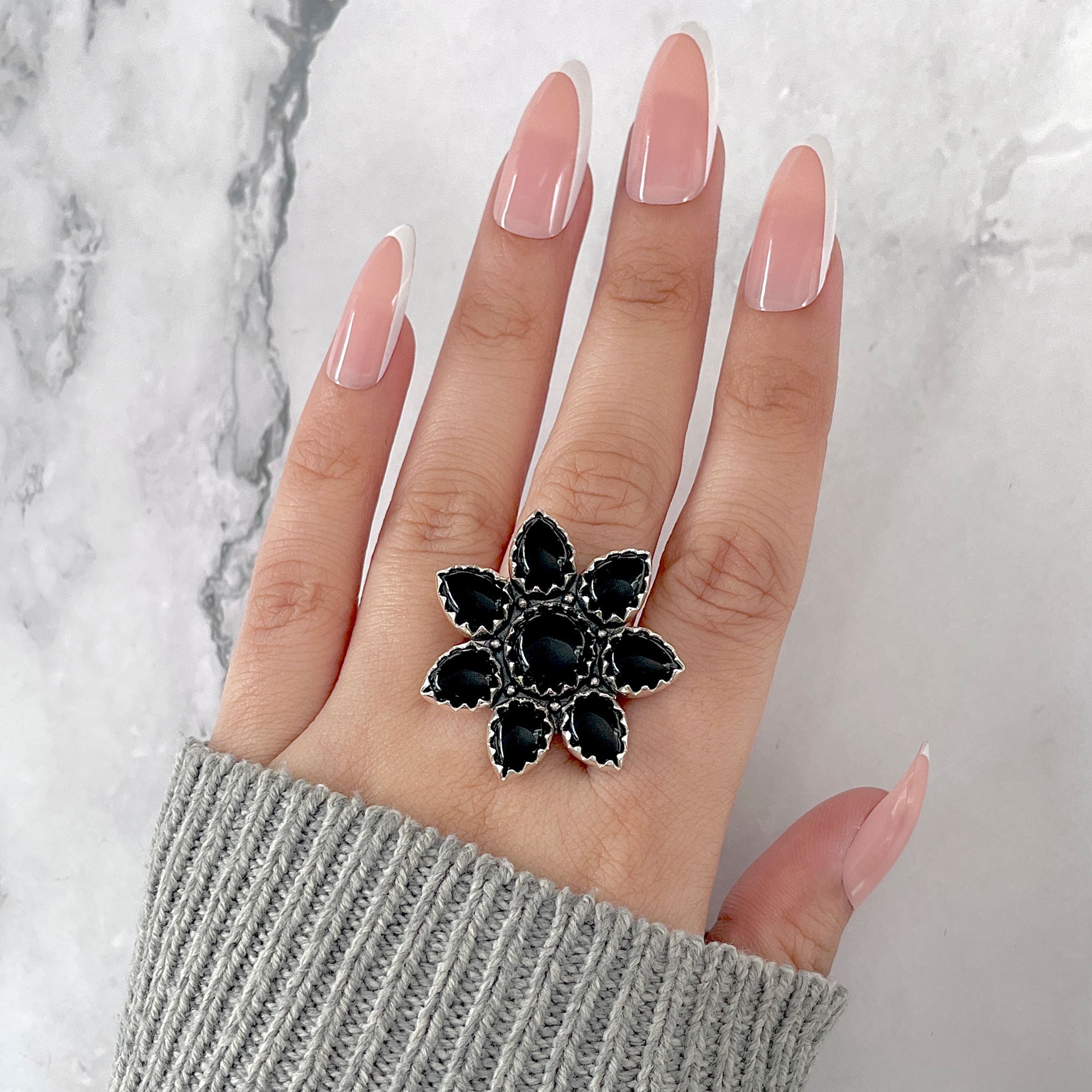 Black Onyx Flower Ring Size 9.5-(BOX-FLR-13.)