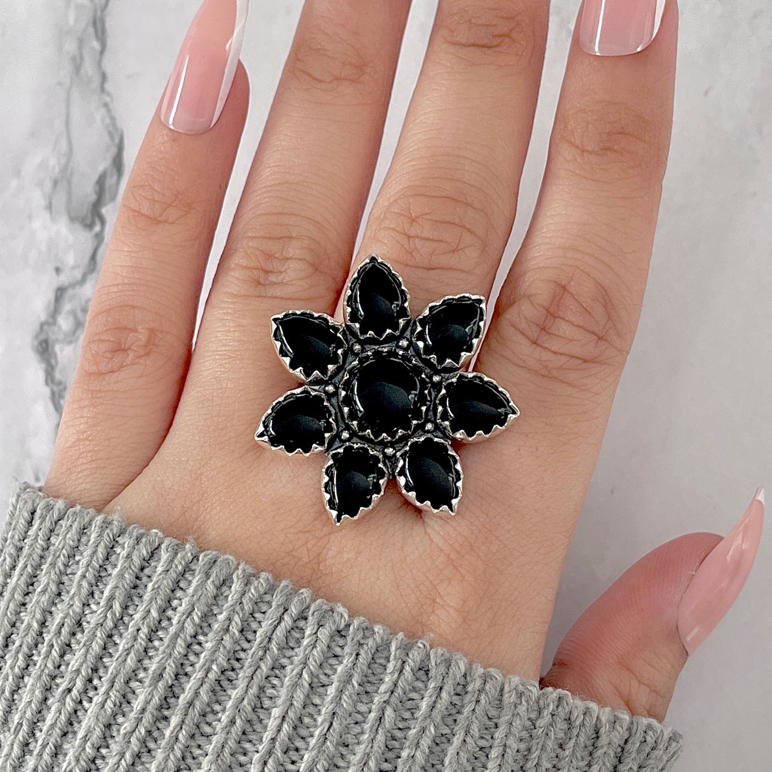 Black Onyx Flower Ring Size 9.5-(BOX-FLR-13.)