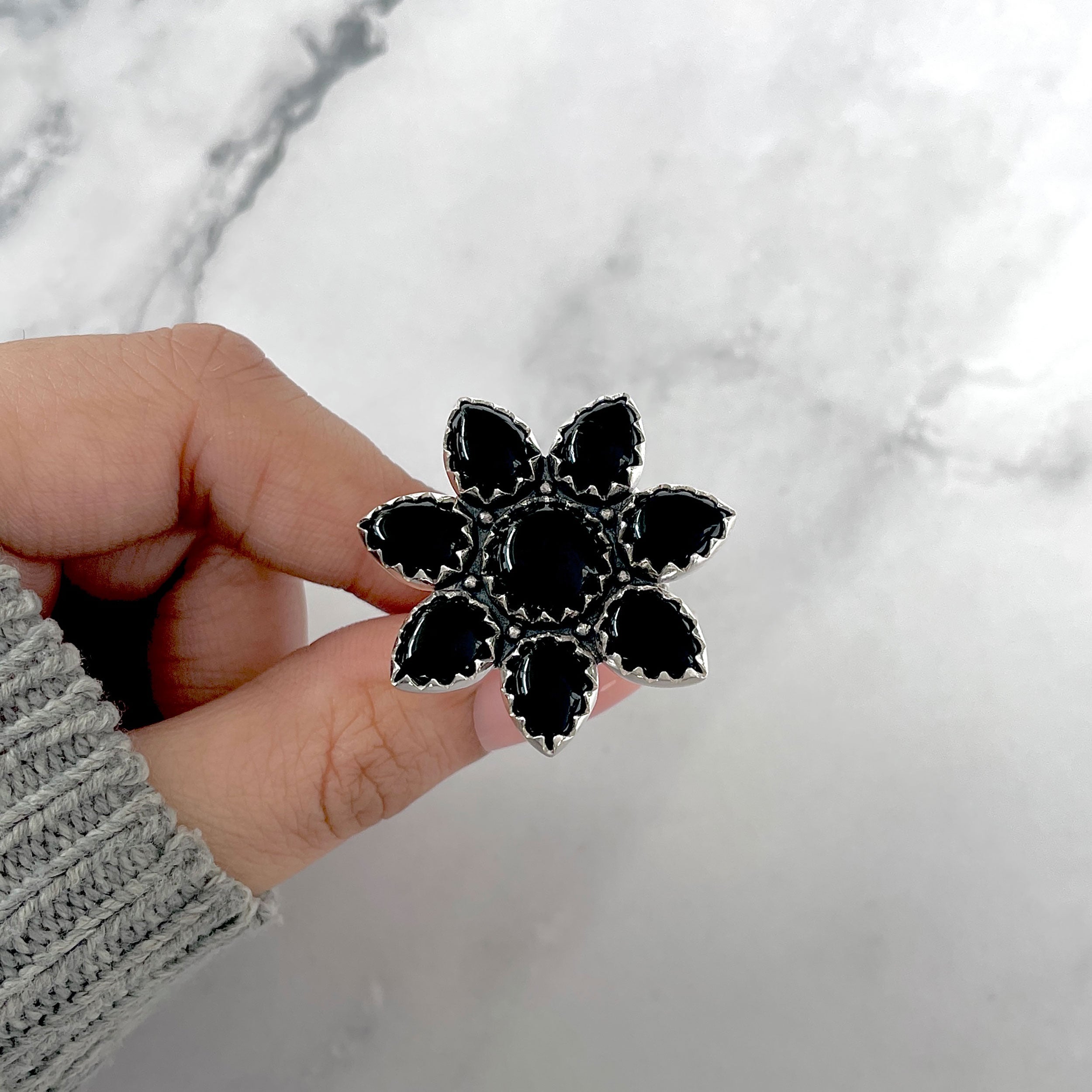 Black Onyx Flower Ring Size 9.5-(BOX-FLR-13.)