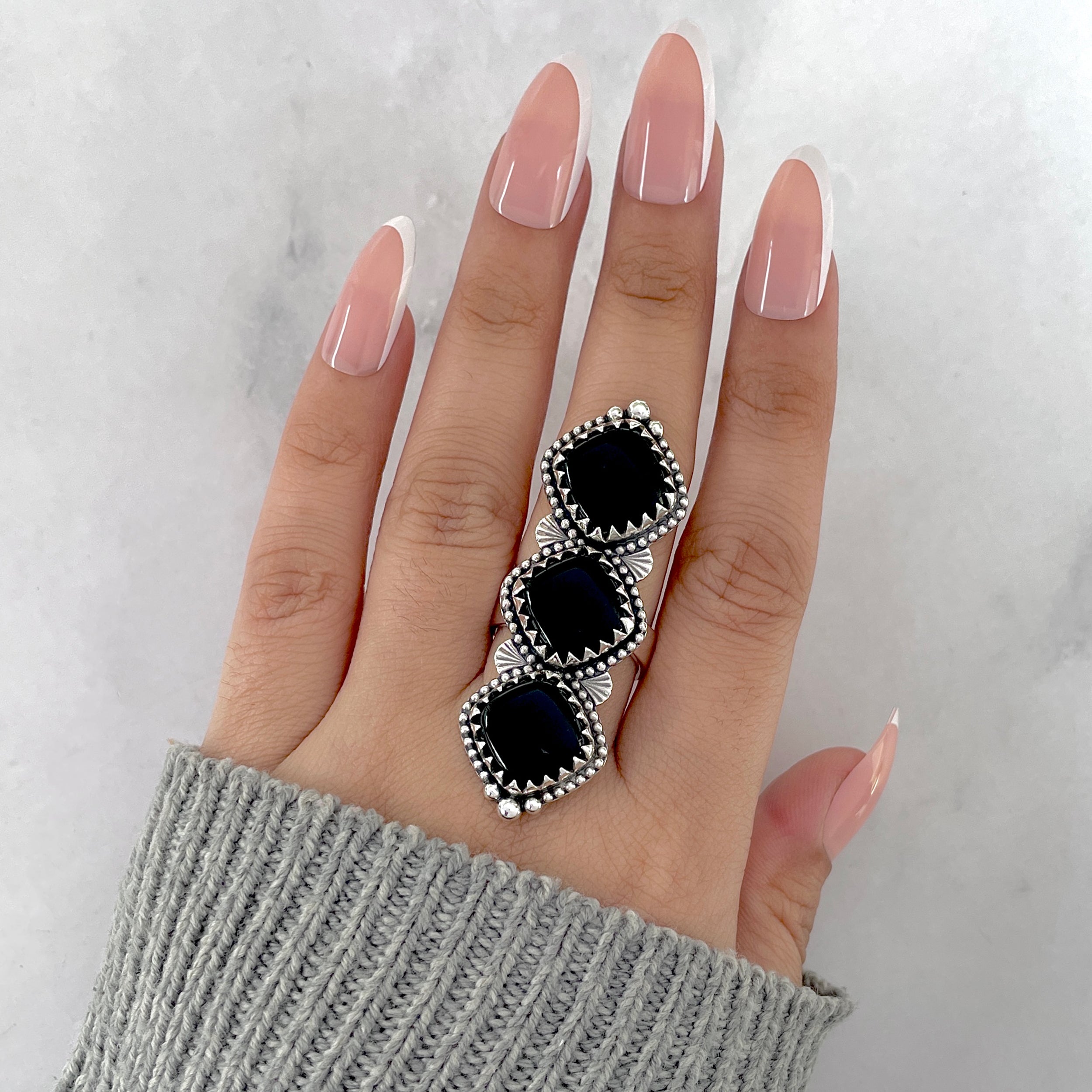 Black Onyx Flower Adjustable Ring-(BOX-FLR-4.)