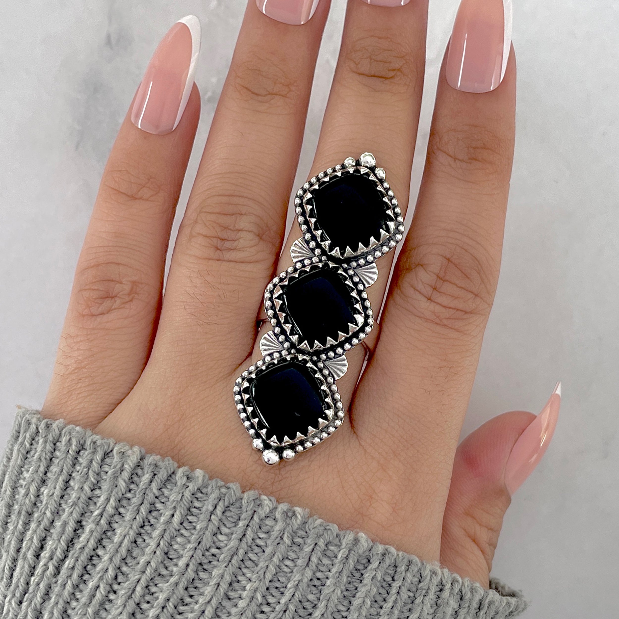 Black Onyx Flower Adjustable Ring-(BOX-FLR-4.)