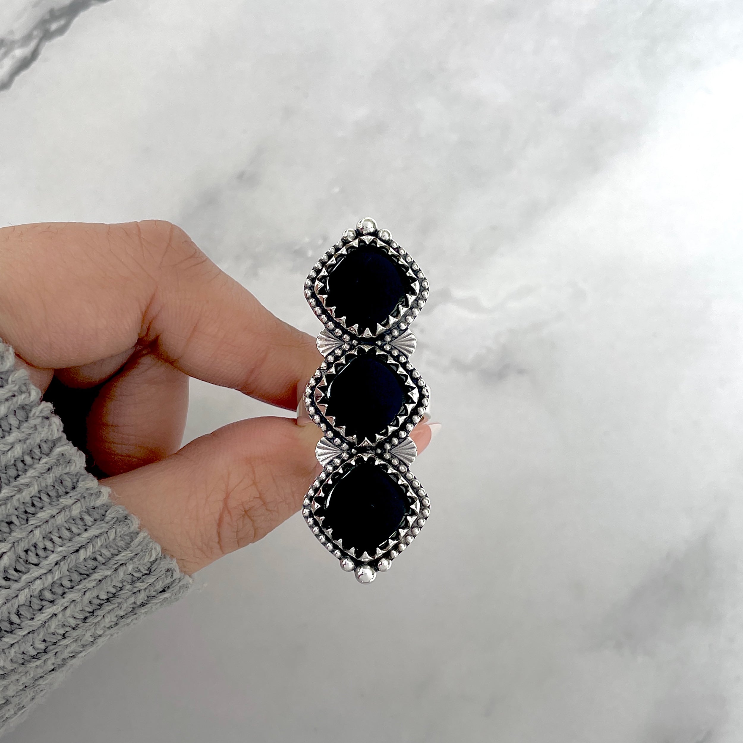 Black Onyx Flower Adjustable Ring-(BOX-FLR-4.)