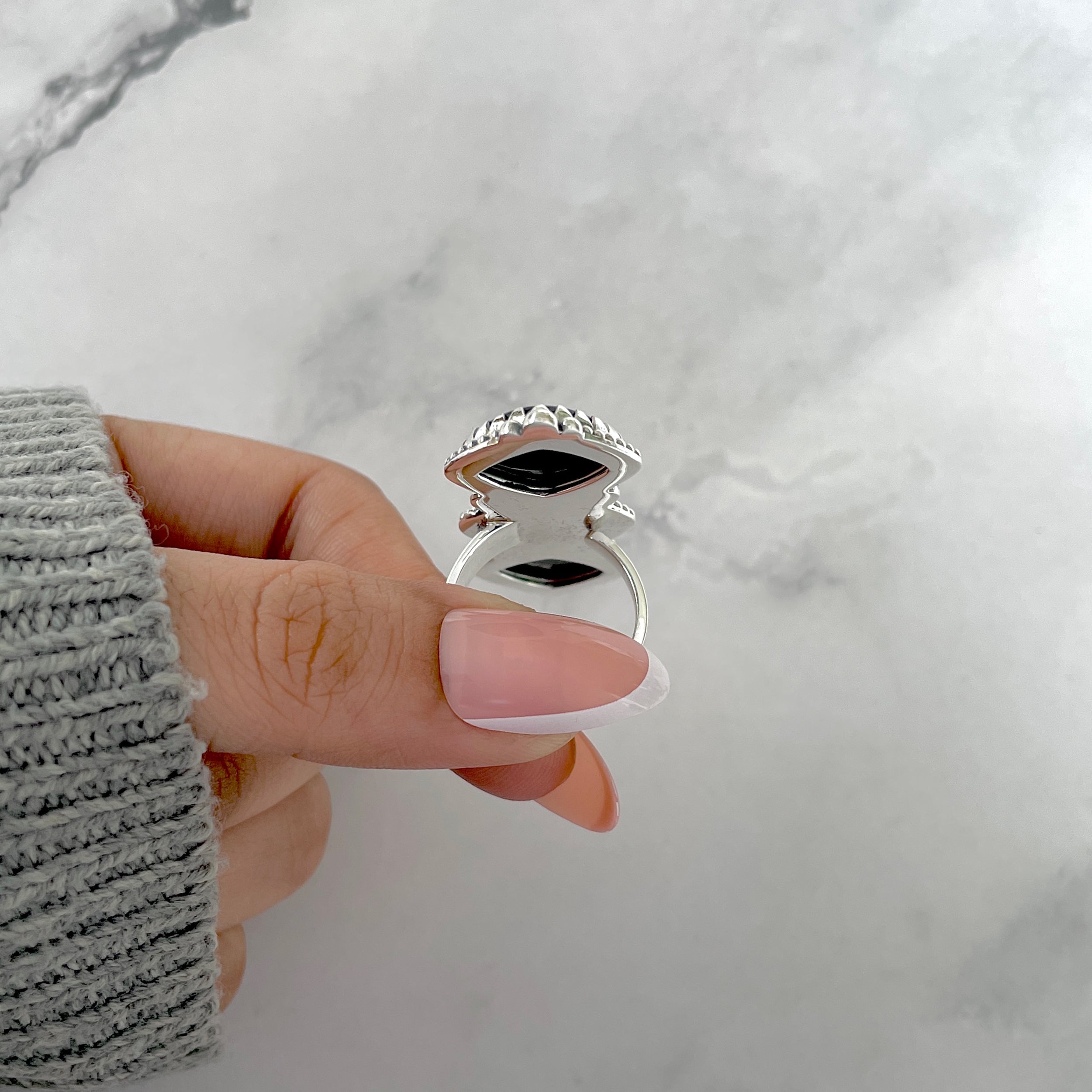 Black Onyx Flower Adjustable Ring-(BOX-FLR-4.)
