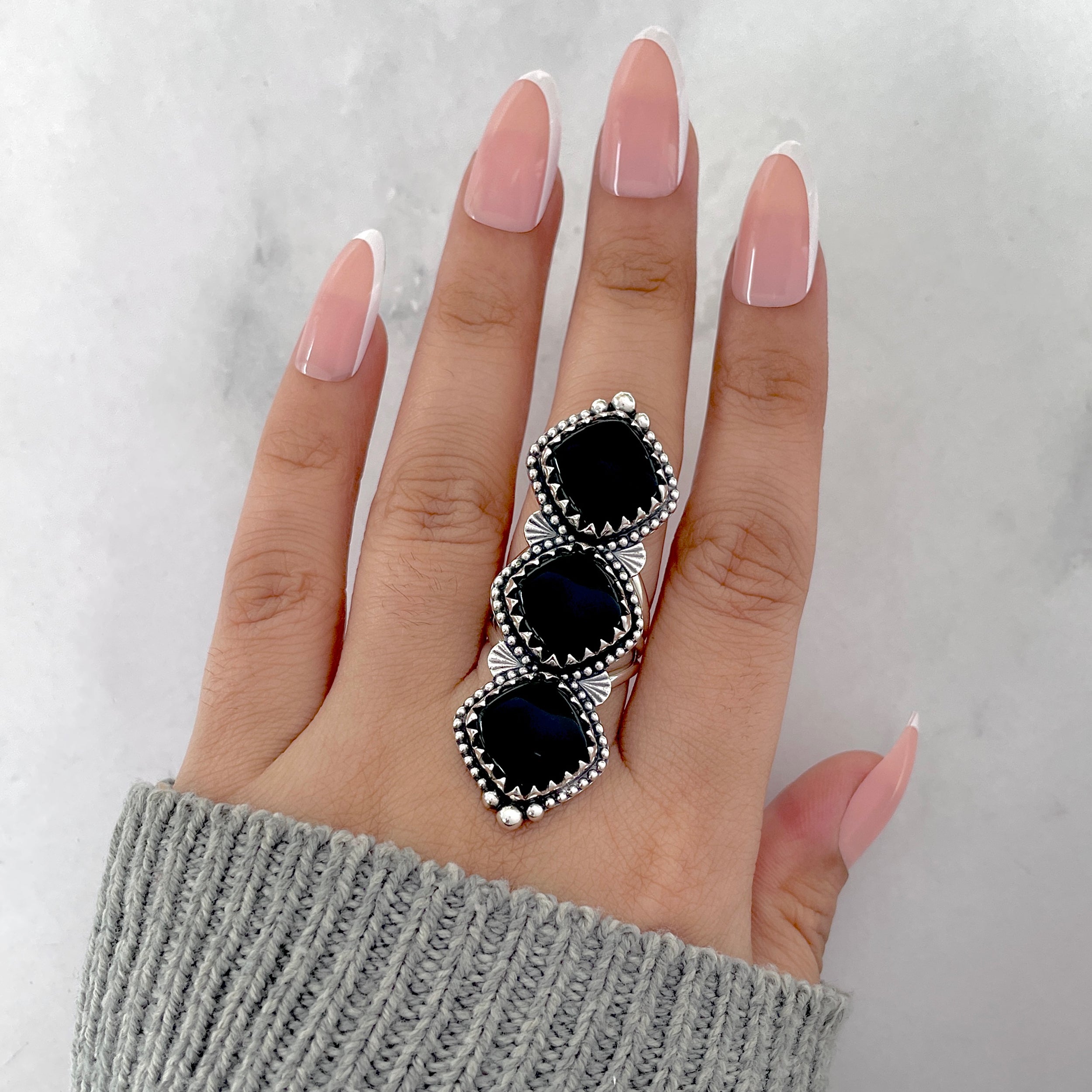 Black Onyx Flower Ring Size 7-(BOX-FLR-5.)