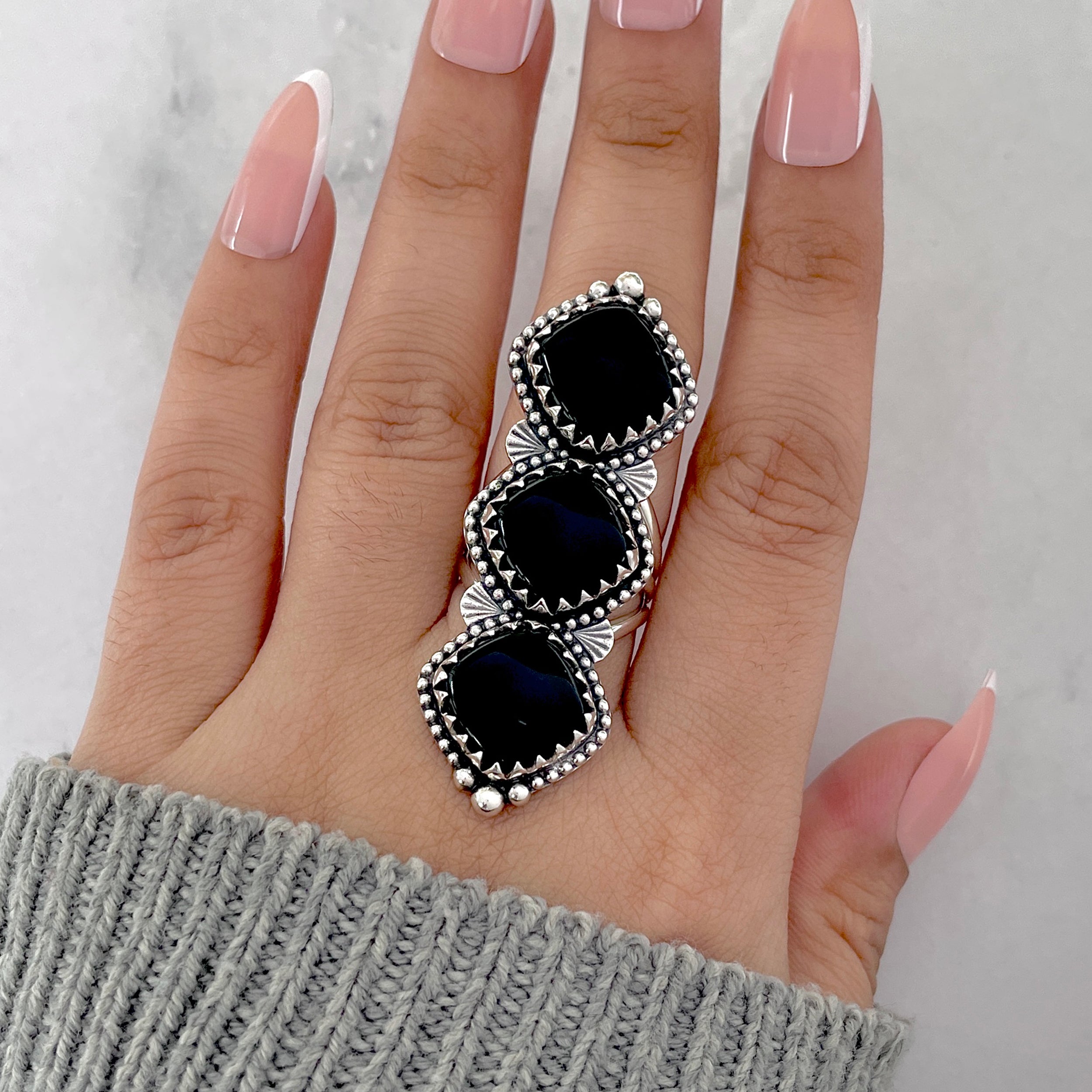Black Onyx Flower Ring Size 7-(BOX-FLR-5.)